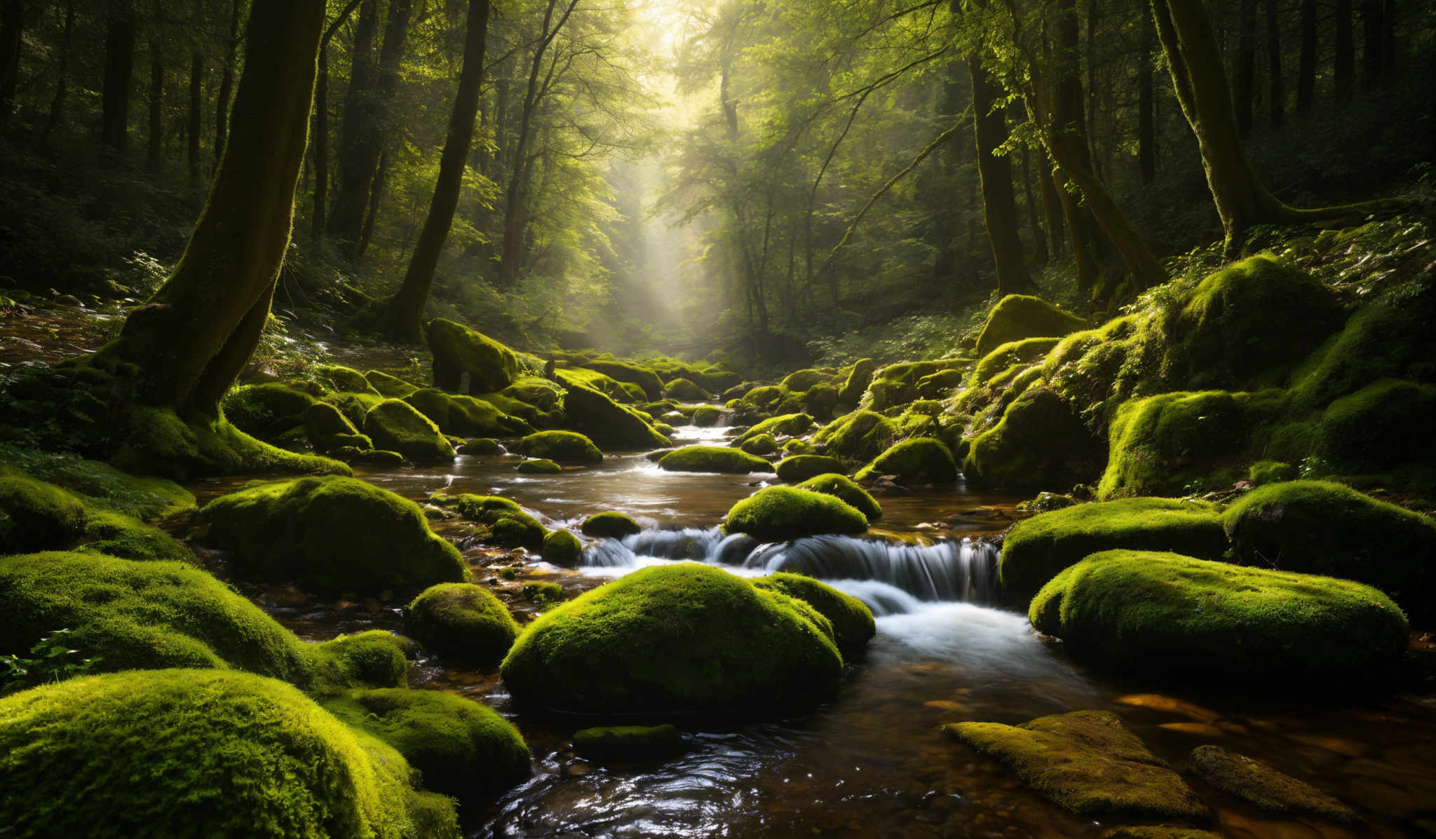 The image showcases a serene forest scene with a gentle stream flowing over moss-covered rocks. The dominant colors are various shades of green, representing the lush foliage and moss. The trees are tall and slender, with their trunks prominently visible. The stream has small cascades, creating a peaceful ambiance. The mossy rocks are rounded and covered in a thick green layer, giving the forest a mystical feel. Sunlight filters through the trees, casting a soft glow and creating a contrast between the illuminated areas and the shadows.