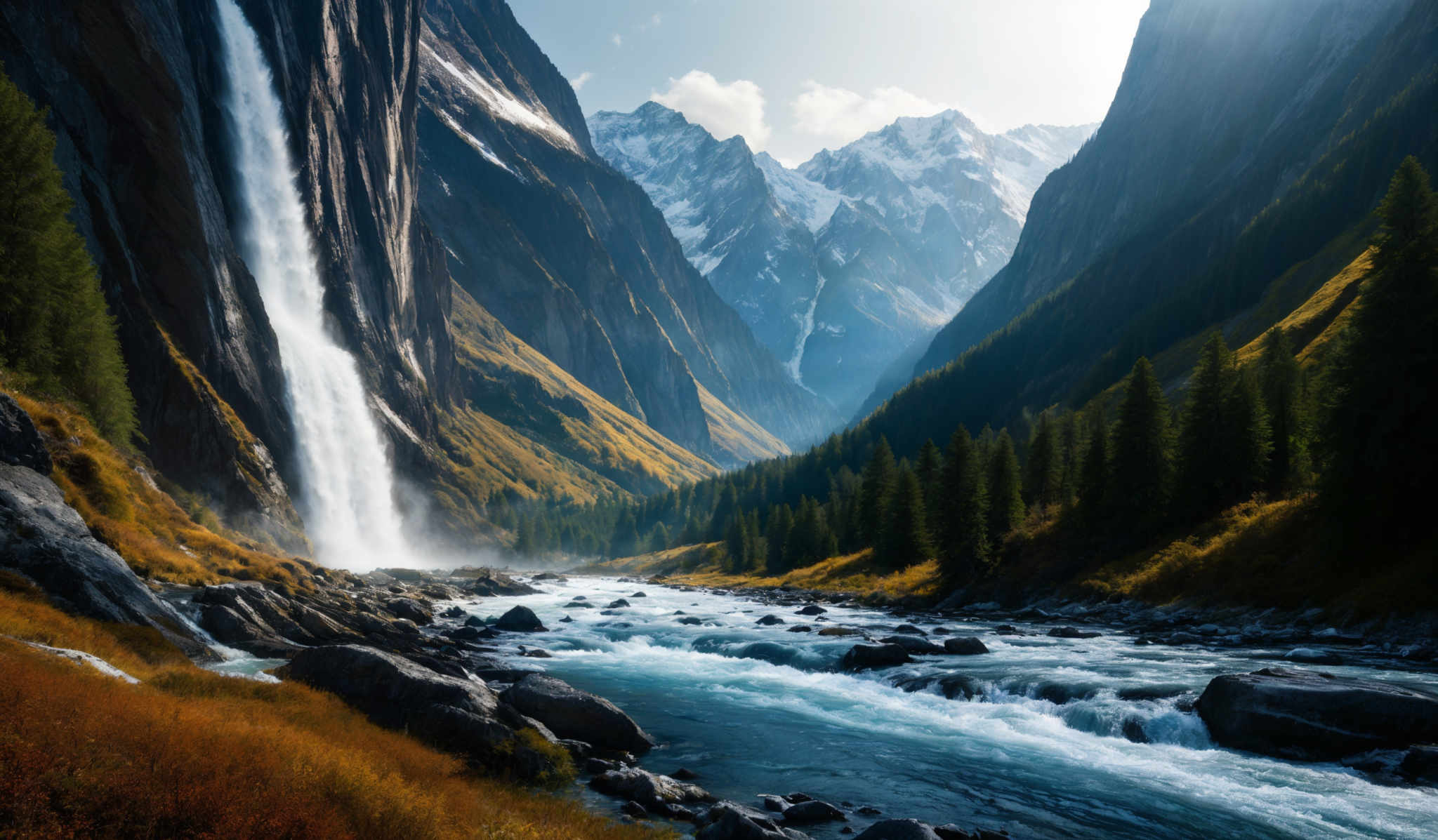 The image showcases a breathtaking natural landscape. Dominating the scene is a tall, cascading waterfall that flows down a steep cliff. The waterfall is surrounded by rugged mountains with patches of snow on their peaks. The mountains are flanked by lush green forests, and the valley below is filled with a turbulent river that has white rapids. The riverbed is strewn with rocks, and there's a hint of autumnal colors in the grassy areas, suggesting a transition between seasons.