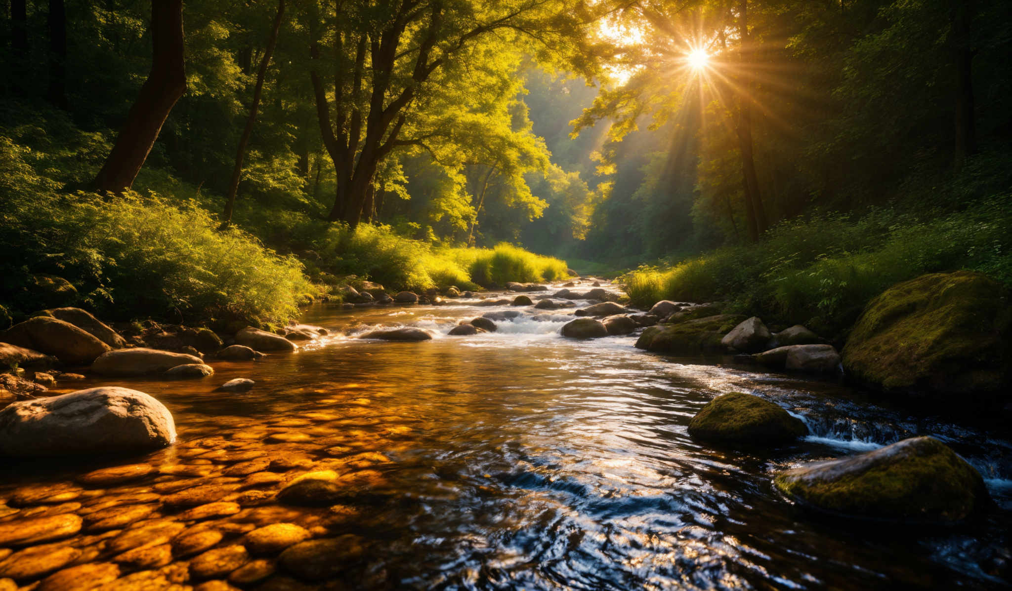 The image showcases a serene natural setting. The dominant colors are various shades of green from the trees and shrubs, and the golden hue from the sunlight filtering through the trees. The shape of the image is predominantly rectangular, with the sun positioned towards the top-left corner, casting its rays diagonally across the scene. The river or stream in the foreground has a clear, reflective surface, showing the golden reflection of the sun and the surrounding greenery. The water flows over a series of rounded stones, creating gentle ripples. The banks of the river are lined with dense vegetation, and tall trees stand majestically on either side, their canopies filtering the sun's light and casting dappled shadows on the ground.