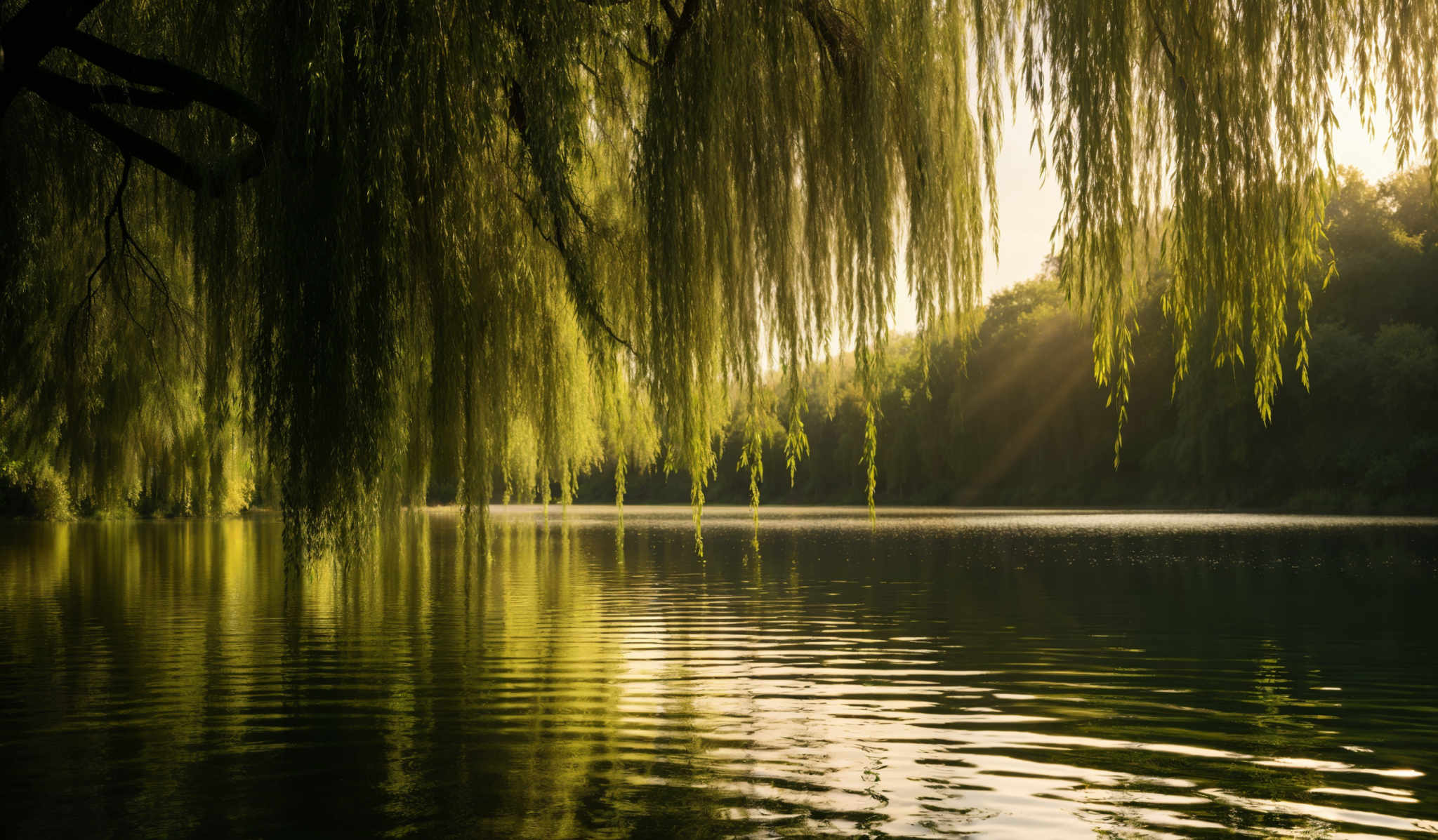 The image showcases a serene landscape with a calm body of water reflecting the surrounding greenery. Dominating the foreground are cascading strands of green, which appear to be branches or leaves of a weeping willow tree. These branches hang gracefully, creating a canopy-like effect over the water. The water itself is calm, with gentle ripples caused by the movement of the branches. In the background, there's a dense forest with trees that are bathed in a soft, golden light, possibly indicating either early morning or late afternoon. The overall color palette is a mix of green from the foliage and golden hues from the sunlight.