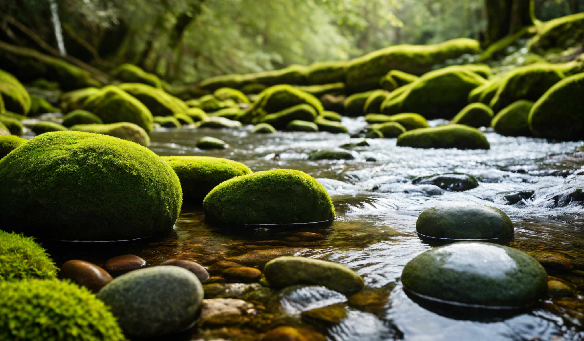 The image showcases a serene natural setting with vibrant green moss-covered rocks and stones. The moss appears soft and velvety, with a bright green hue. The rocks vary in size, with some being large and others smaller. They are densely packed, creating a mosaic-like pattern in the water. The water itself is clear, allowing us to see the stones beneath. Sunlight filters through the trees, casting a soft glow on the scene, and creating a tranquil ambiance.