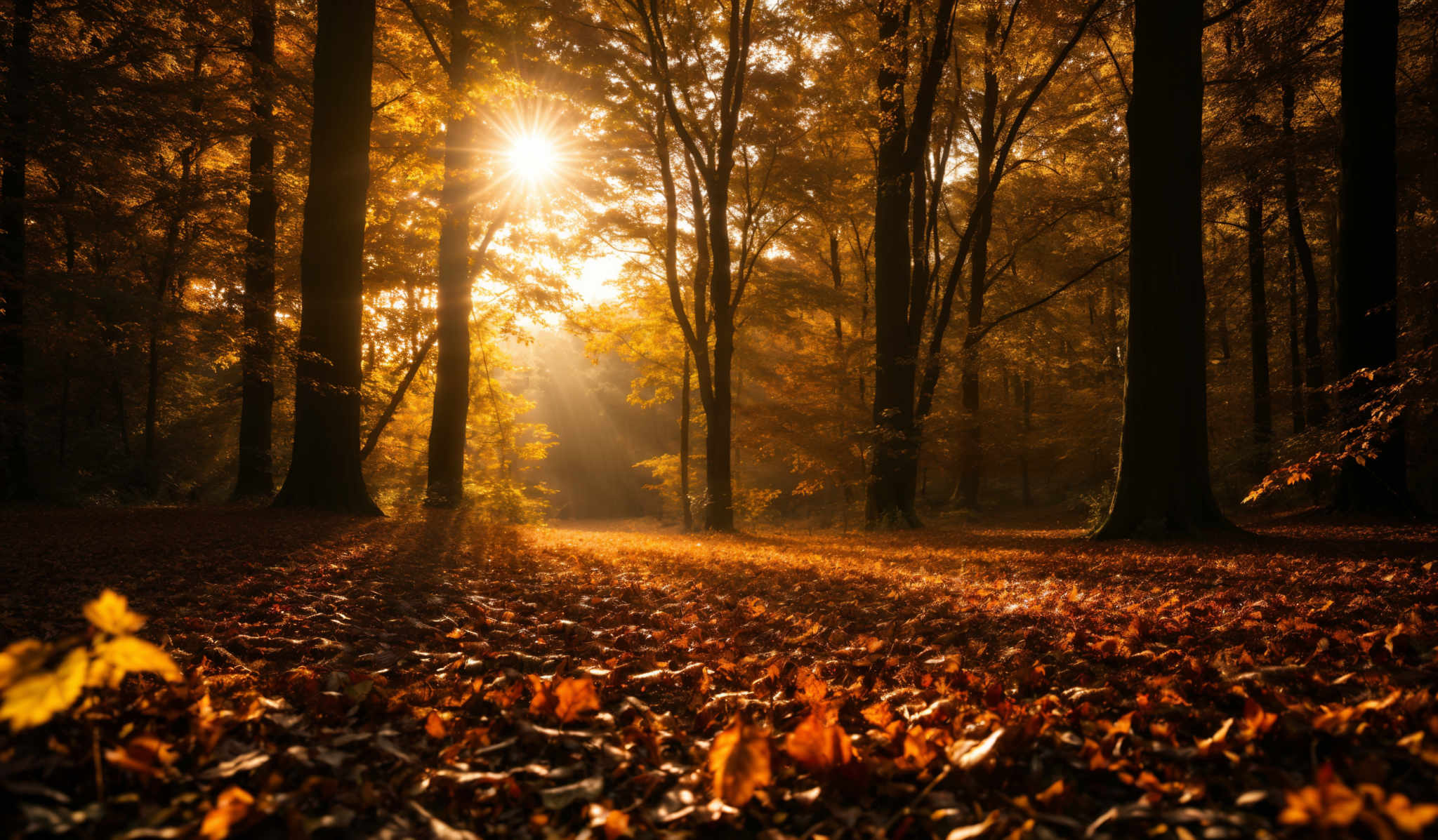 The image showcases a serene forest scene during autumn. The dominant colors are warm hues of orange, yellow, and brown, representing the fallen leaves and the trees' foliage. The trees are tall and slender, with their trunks prominently visible. The ground is covered with a thick layer of fallen leaves, creating a carpet-like appearance. The sun is shining through the trees, casting a golden glow and creating a beautiful play of light and shadow. The rays of the sun pierce through the gaps between the trees and create a radiant effect, illuminating the forest floor.