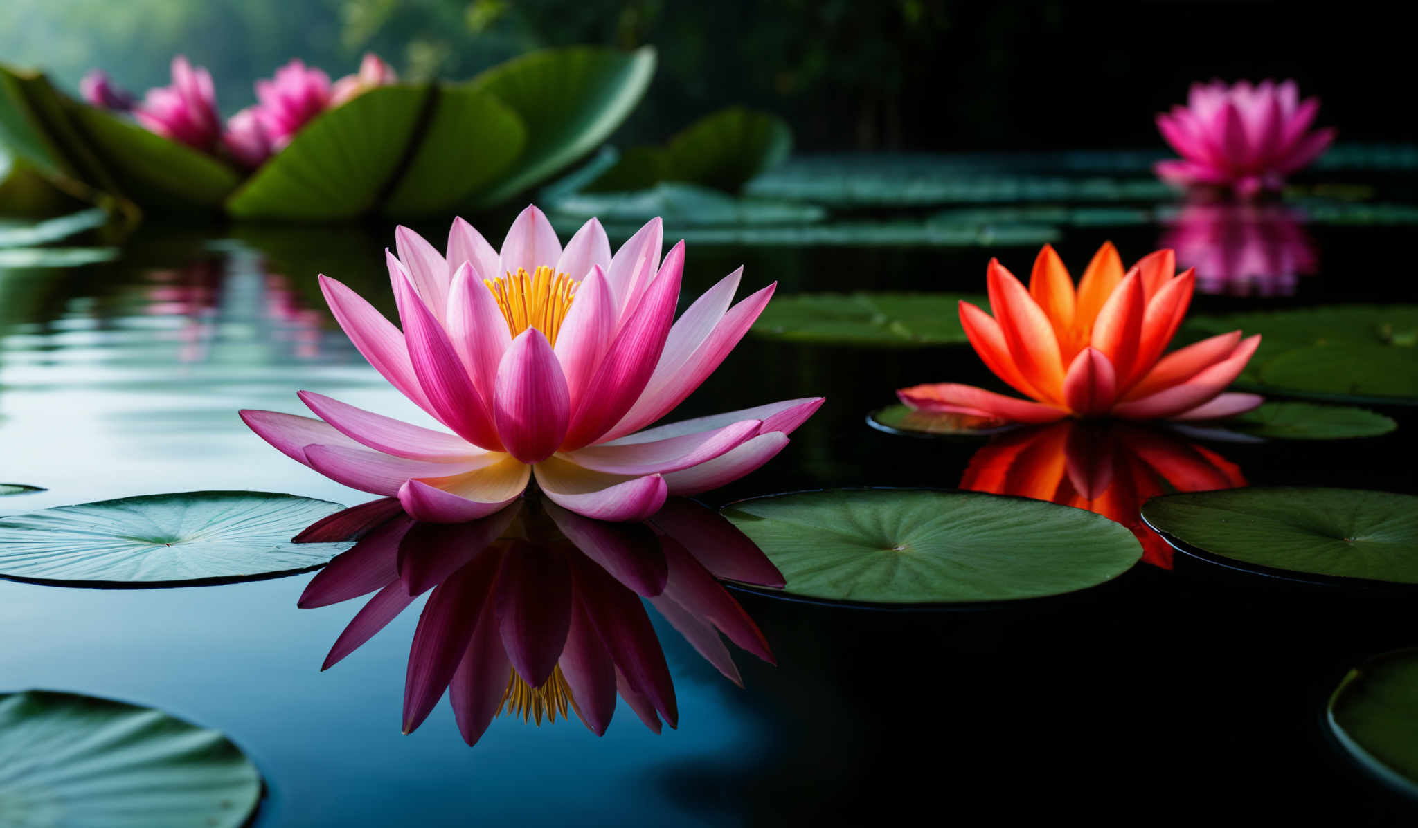 The image showcases a serene pond scene with vibrant lotus flowers. The dominant colors are shades of pink, orange, and green. The pink lotus in the foreground has multiple petals, each with a subtle gradient of color, and a bright yellow center. The orange lotus to its right has a more radiant hue, with its petals glowing in the light. The green lotus leaves are large and round, providing a contrasting backdrop to the colorful flowers. They float on the water's surface, creating a mirror-like reflection of the flowers and the surrounding environment.