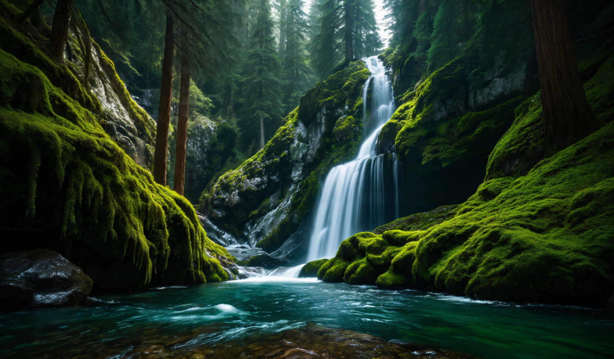 The image showcases a serene natural setting. Dominating the scene are tall, slender trees with a rich green canopy, suggesting a dense forest. The ground is covered in vibrant green moss, which gives the rocks and cliffs a textured appearance. A waterfall cascades down from a height, splitting into multiple streams as it descends. The water flows into a calm, turquoise-colored pool below. The overall ambiance is tranquil, with the play of light and shadow adding depth and dimension to the scene.