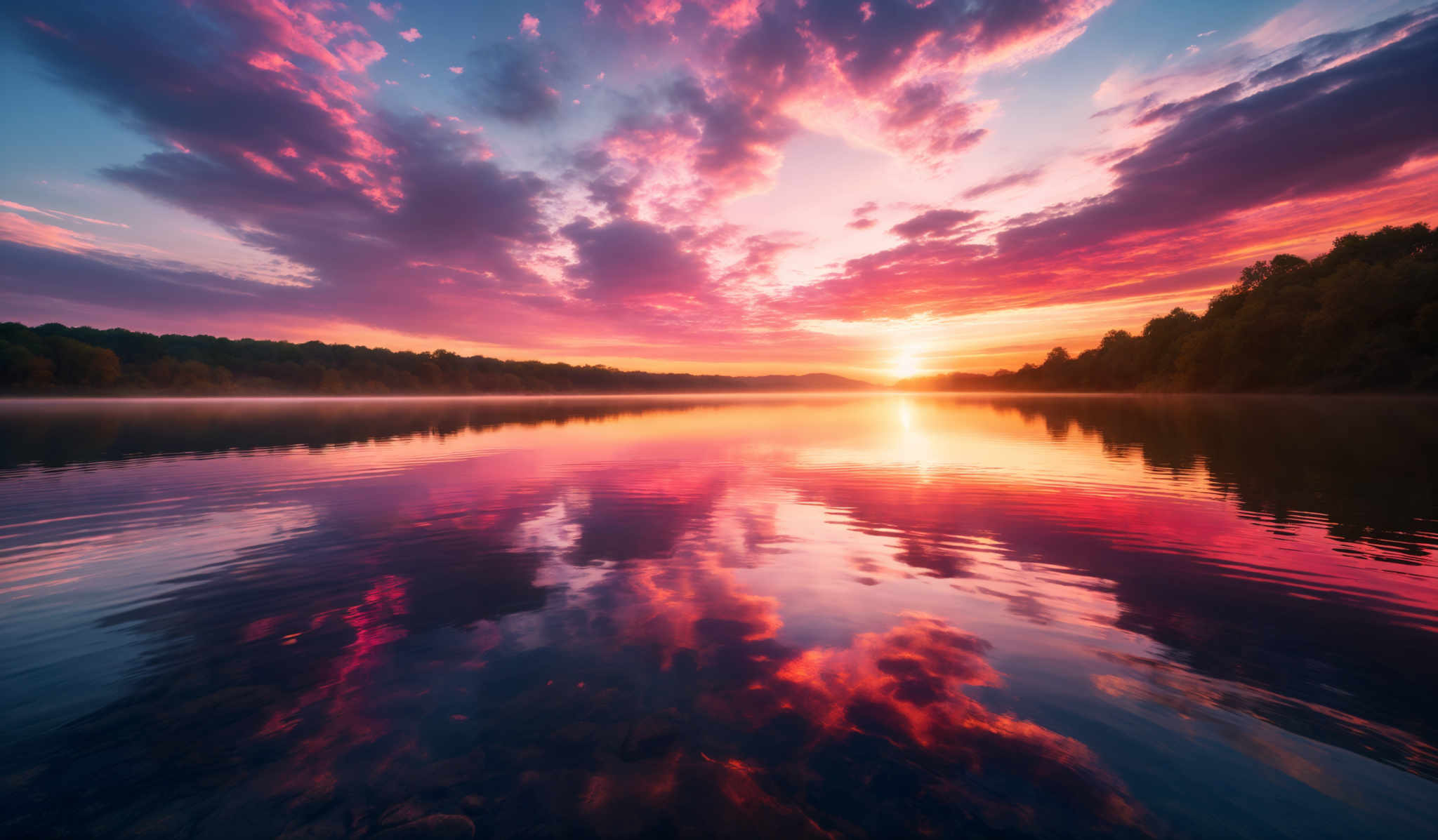 The image showcases a breathtaking sunset over a calm lake. The sky is painted with hues of pink, purple, and orange, with the sun nearing the horizon casting a golden glow. The clouds are scattered, with some appearing fluffy and others more wispy, reflecting the vibrant colors of the sunset. The lake's surface mirrors the sky, creating a symmetrical view. On the right side, there's a dense line of trees, their silhouettes contrasting against the bright backdrop. The reflection in the water adds depth and serenity to the scene.