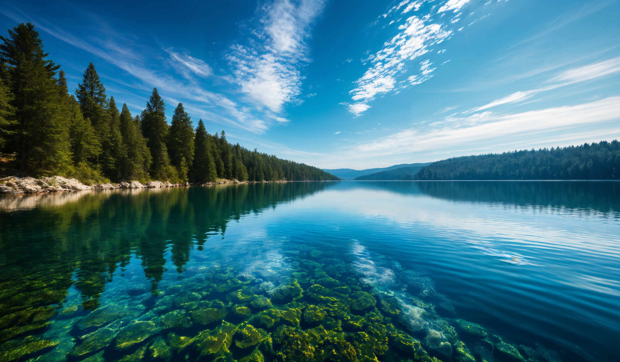 The image showcases a pristine natural landscape. The sky is a clear blue with scattered white clouds. The water below is a vibrant shade of turquoise, reflecting the sky above. The foreground of the image reveals the underwater rocks, which are visible due to the clear water. On the left side, there's a dense forest of tall pine trees, and on the right, there are more trees, but they appear to be at a distance. The overall scene is serene and evokes a sense of tranquility.