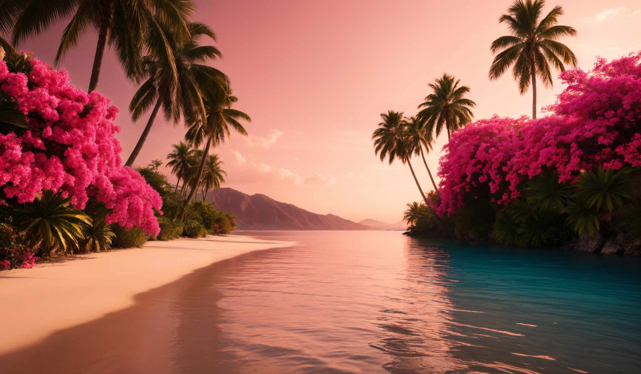 The image showcases a serene beach scene during what appears to be sunset or sunrise. The sky is painted in hues of pink and orange, reflecting on the calm waters of the beach. On the left side, there's a dense cluster of vibrant pink flowers, possibly bougainvillea, that contrasts beautifully with the tall, slender palm trees that stand tall on the right. The beach itself is pristine, with soft white sand leading up to the water. The water is clear, allowing for reflections of the sky and the surrounding landscape. In the distance, there are mountains, and the entire scene exudes a sense of tranquility and natural beauty.