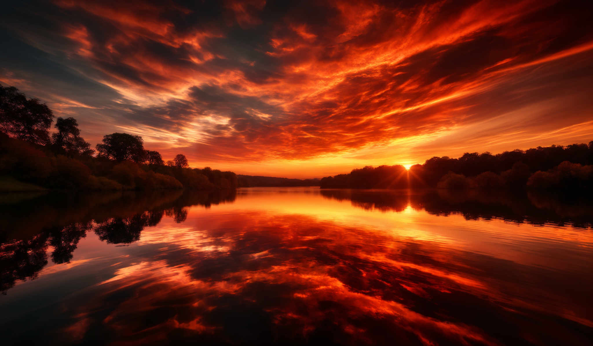 The image showcases a breathtaking sunset over a calm body of water. The sky is painted with vibrant hues of orange, red, and deep purple, with swirling cloud patterns that reflect the fiery colors. The sun, positioned near the horizon, casts a golden glow, creating a stark contrast with the dark silhouette of the trees on the right. The water mirrors the sky's fiery display, with the sun's reflection creating a radiant center point. The trees on both sides of the water are dense, with their dark silhettes providing a stark counterpoint to the bright backdrop.