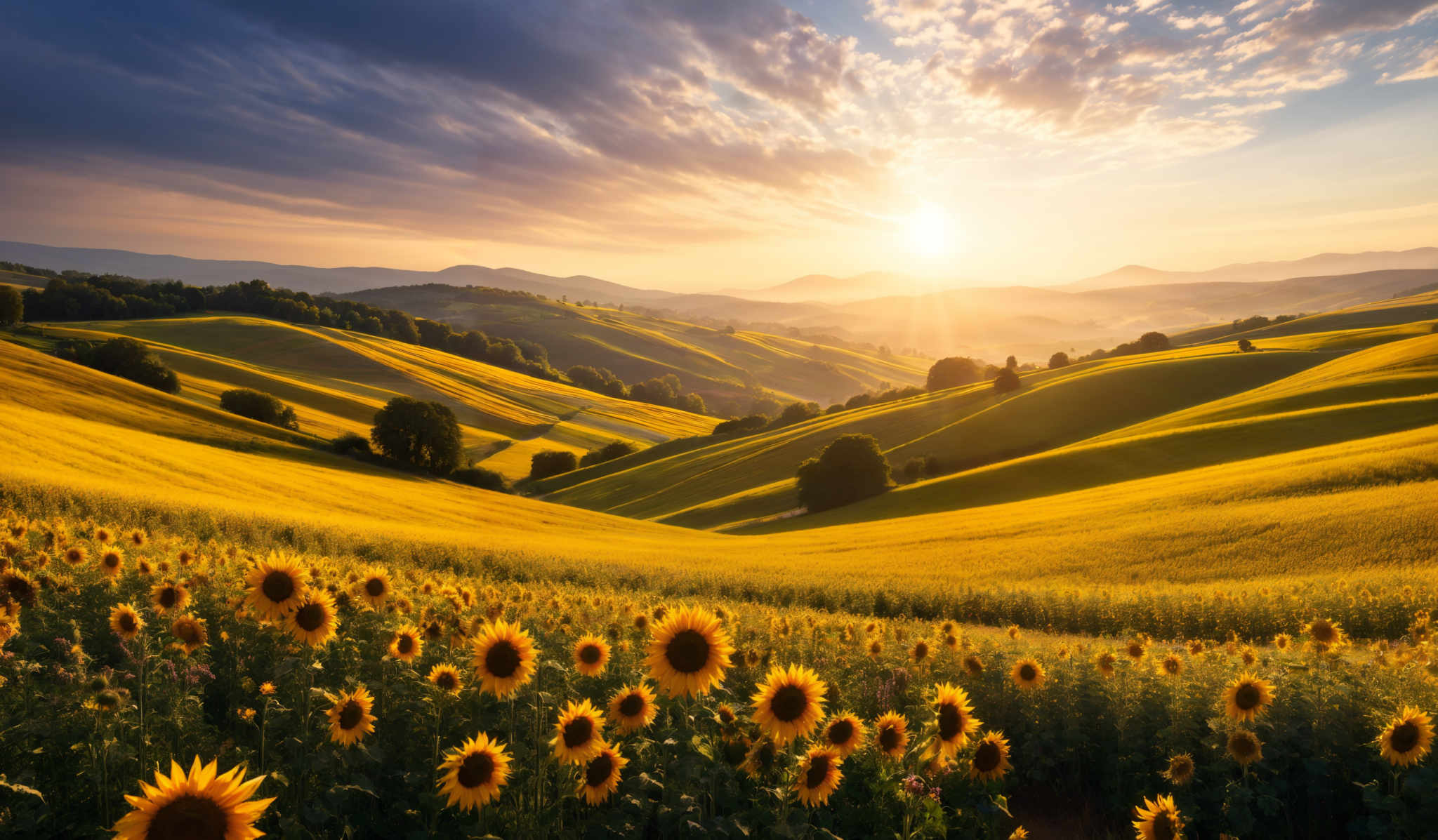 The image showcases a breathtaking landscape during sunset. The dominant colors are golden yellow from the sunlight, deep green from the rolling hills, and a mix of blue and white from the sky. The hills are undulating and appear to be covered in lush green grass or crops. In the foreground, there's a field of sunflowers with their bright yellow petals facing the sun. The sky is painted with hues of orange, pink, and blue, with scattered clouds reflecting the sun's glow.