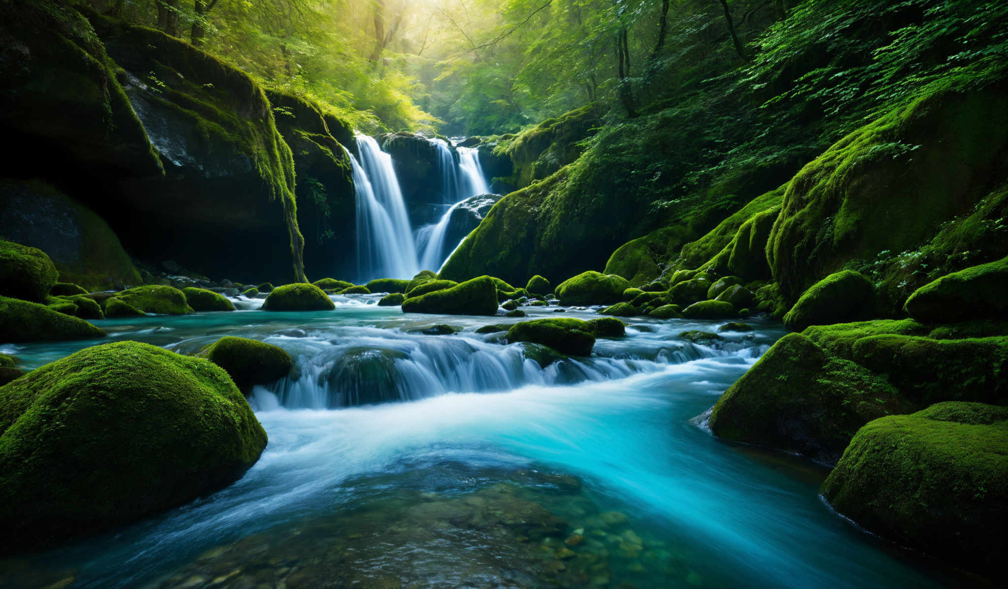 The image showcases a serene natural setting with vibrant colors. Dominant colors include various shades of green from the moss-covered rocks and trees, and the deep blue of the flowing water. The scene features a cascading waterfall that splits into two main streams, flowing over mossy rocks and boulders. The water appears clear, revealing the pebbles beneath. The surrounding area is dense with trees, creating a canopy that filters the sunlight, casting dappled light on the water and rocks.