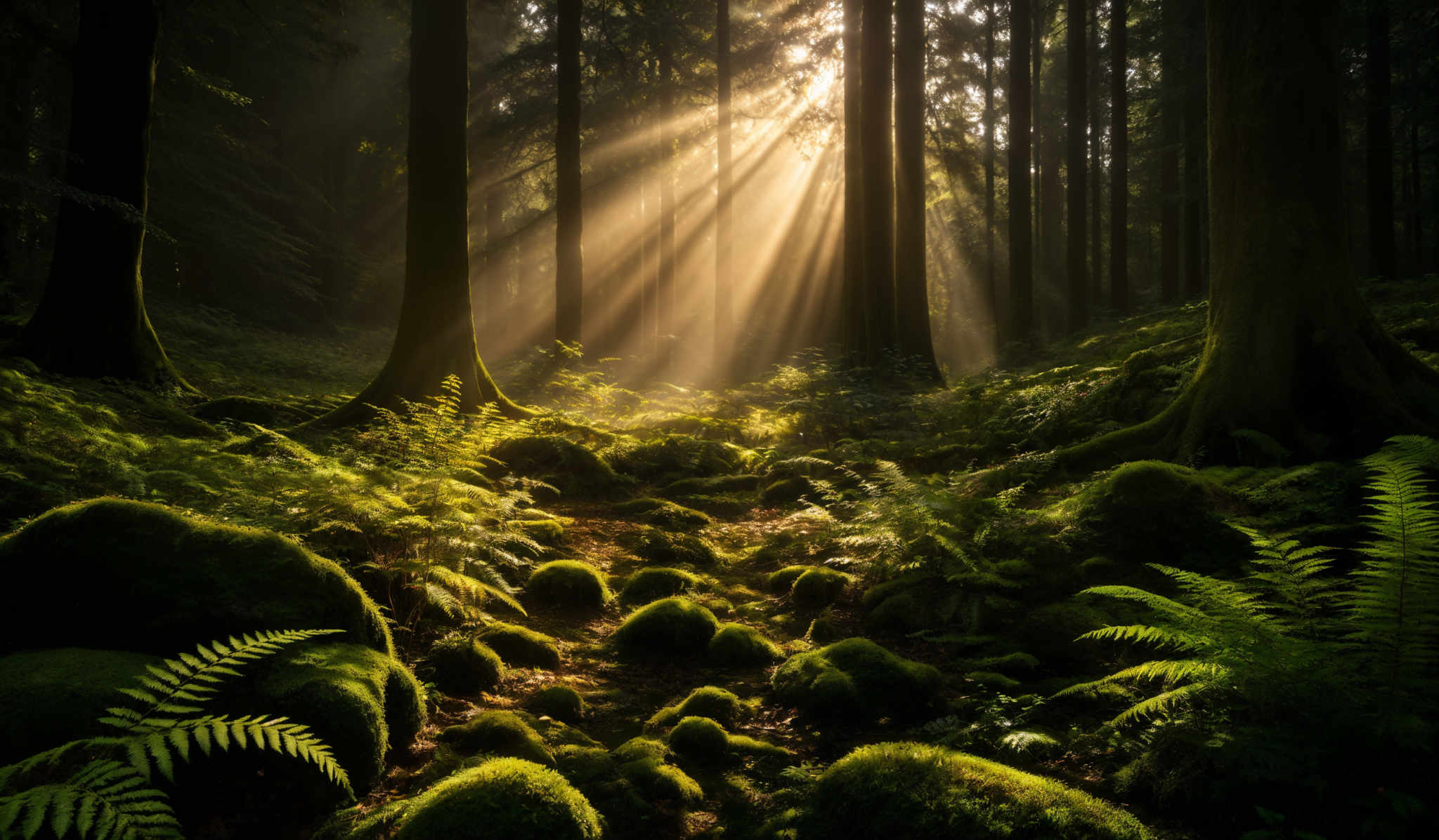 The image showcases a lush forest with tall, slender trees. The trees have a dark brown bark, and their trunks are prominently visible. The forest floor is covered with moss-covered rocks and ferns, which are vibrant green in color. Sunlight filters through the trees, casting golden rays that illuminate the forest floor. The overall ambiance of the image is serene and mystical, with the play of light and shadow adding depth and dimension.