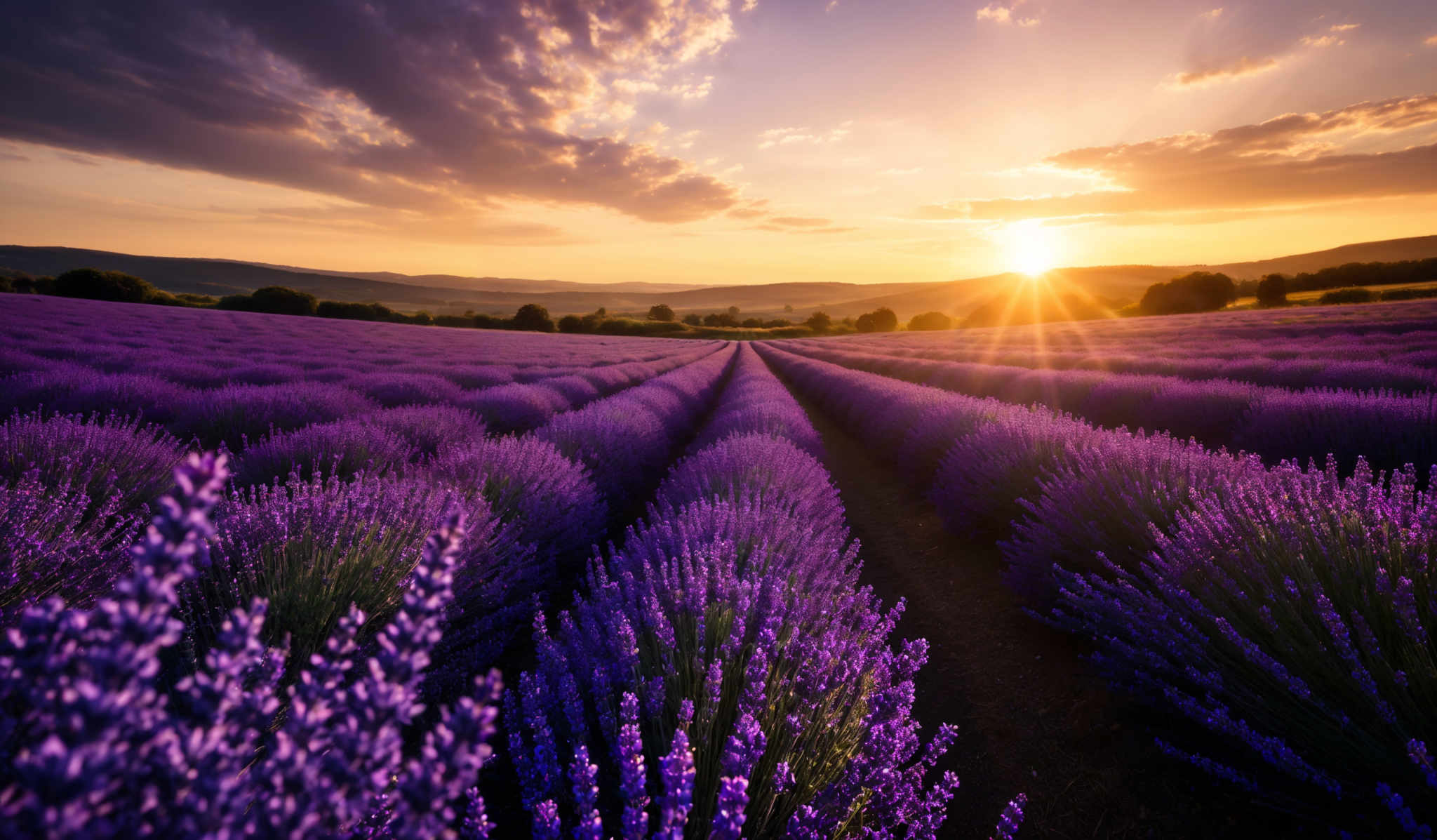 The image showcases a breathtaking landscape of a lavender field during sunset. The lavender plants are in full bloom, displaying vibrant shades of purple. The rows of lavender stretch out in neat patterns, converging towards the horizon. The sky is painted with hues of orange, gold, and purple, with dramatic clouds casting shadows on the landscape below. The sun is setting in the distance, casting a warm glow over the entire scene.