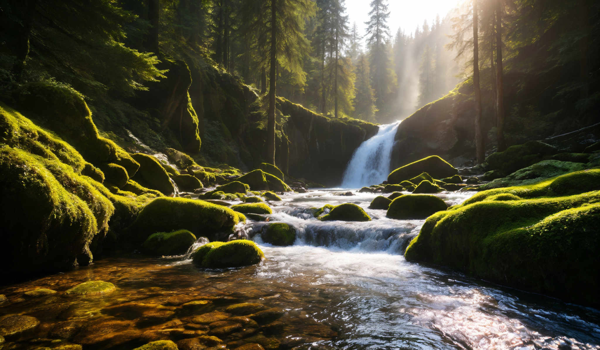 The image showcases a serene forest scene with a waterfall cascading down a rocky cliff. The waterfall is surrounded by moss-covered rocks and boulders. The forest is dense with tall, green coniferous trees. Sunlight filters through the trees, casting a soft glow on the scene. The stream below the waterfall flows smoothly, with its clear waters revealing the rocks beneath. The overall color palette is dominated by shades of green from the moss and trees, and the white from the cascades of the water.