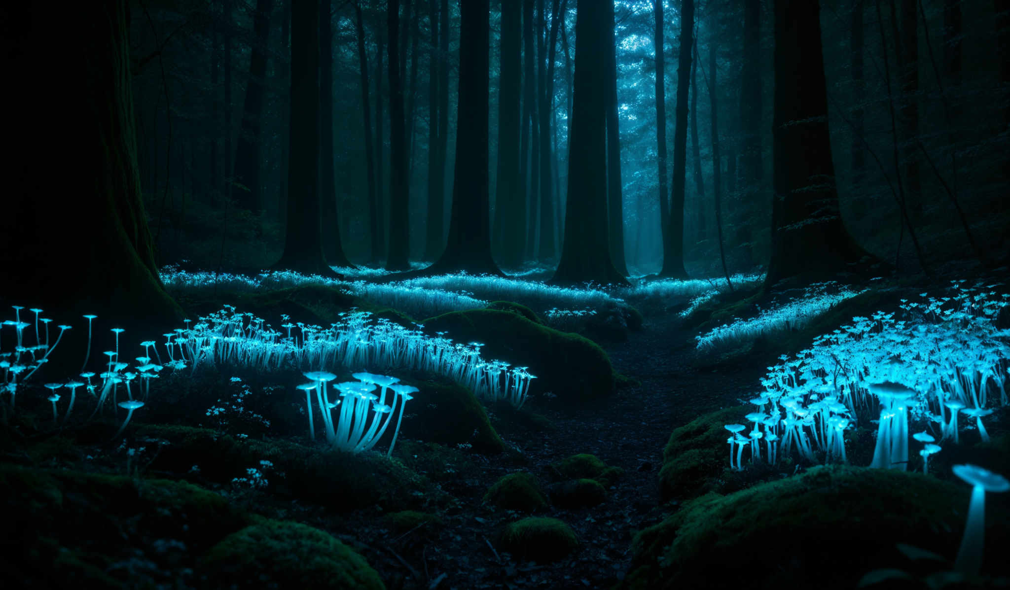 The image showcases a dark, misty forest with tall, slender trees. The ground is covered with a carpet of luminescent, blue-glowing mushrooms. The mushroom clusters are dense and spread across the forest floor, illuminating the surrounding area with a soft, ethereal light. The overall color palette is dominated by shades of blue, green, and black, creating a mystical and enchanting atmosphere.