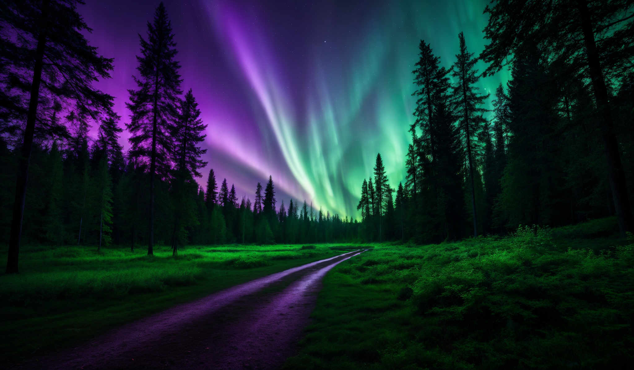 The image showcases a breathtaking view of the Northern Lights, also known as the Aurora Borealis. These lights display a mesmerizing array of colors, predominantly shades of purple, green, and blue. They form an ethereal curtain that stretches across the night sky, creating a surreal and dreamy atmosphere. The lights are shaped in flowing, wavy patterns, giving the impression of dancing lights in the sky. Below the celestial display, there's a serene forest landscape. Tall pine trees stand majestically on both sides, their silhouettes contrasting against the vibrant lights above. The forest floor is covered in lush green vegetation, and a dirt path meanders through the middle, inviting viewers to imagine a journey through this enchanting realm.