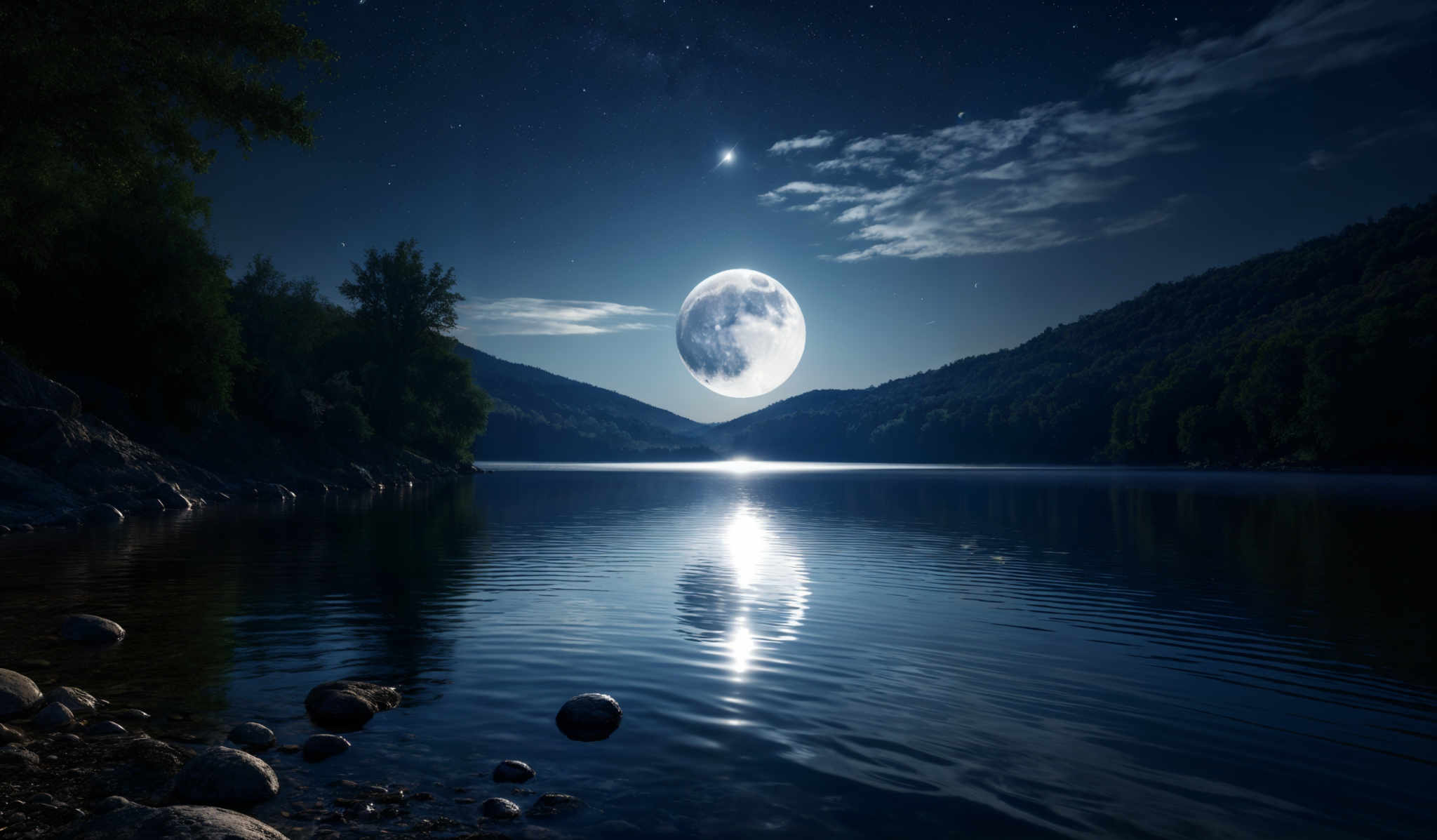 The image showcases a serene nighttime landscape. The dominant colors are deep blues and blacks, representing the night sky and the water. The moon, which is almost full, is a bright white sphere with a slightly bluish tint, casting a luminous glow on the water below. The water reflects the moon and the surrounding stars, creating a shimmering effect. On the left side, there's a dense forest with tall trees, and their silhouettes are visible against the night backdrop. The right side of the image features a hilly terrain covered with trees, leading up to a mountainous region. The sky is dotted with stars, and there're a few clouds scattered around, adding depth to the scene.