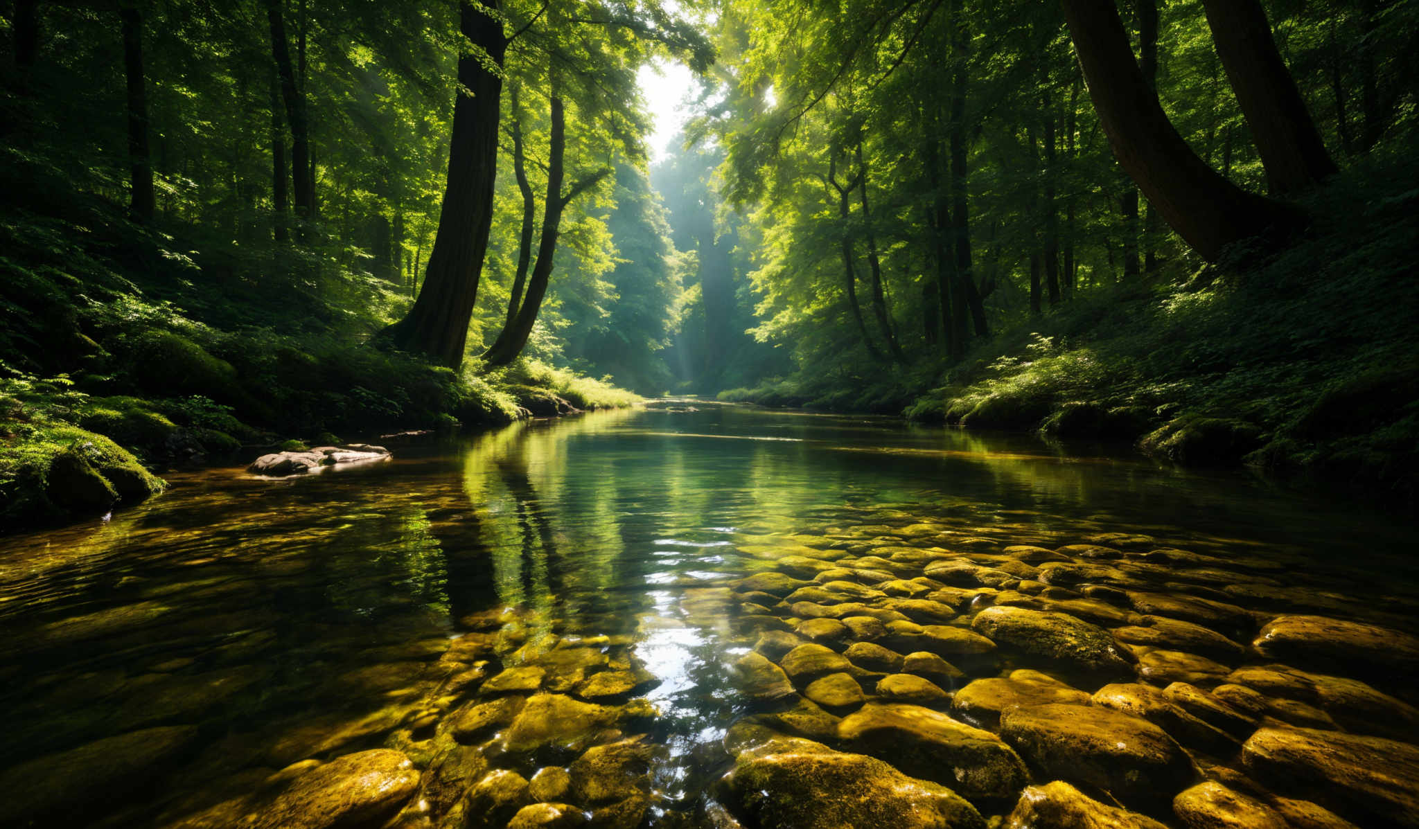 The image showcases a serene forest scene with a calm river flowing through it. The dominant colors are various shades of green from the dense foliage, complemented by the brown of the tree trunks and the stones in the river. The river's water is clear, revealing the rounded stones beneath its surface. The sunlight filters through the trees, casting a soft glow and creating a contrast between the illuminated areas and the shadows.