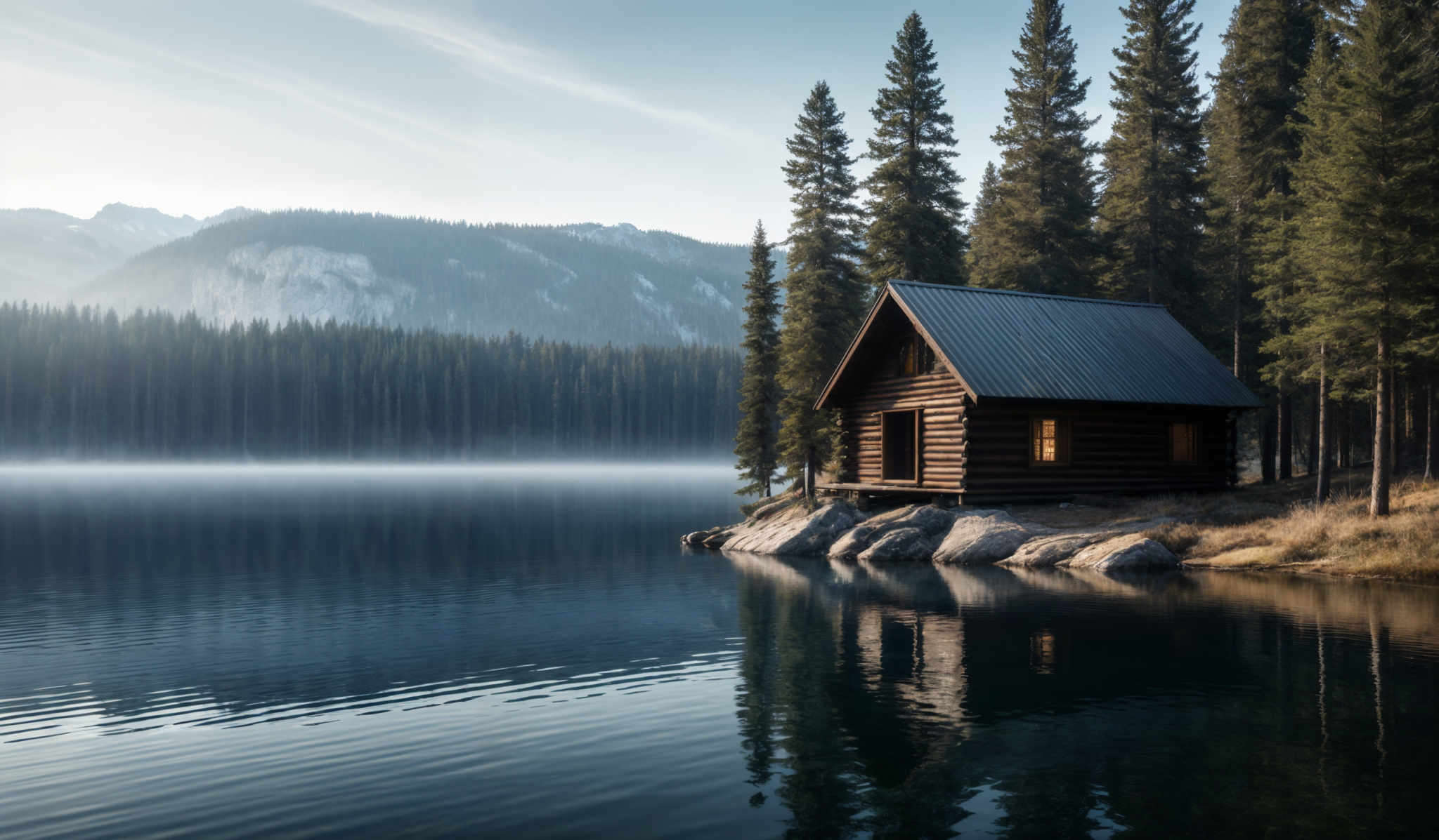 The image showcases a serene landscape with a large, calm lake in the foreground. The lake reflects the surrounding scenery, including a wooden cabin situated on a small rocky outcrop. The cabin has a sloped roof and a single window that emits a warm glow. Tall, dense pine trees surround the lake, and in the background, majestic mountains rise, partially covered in mist. The sky is clear with a hint of blue, and the overall color palette is dominated by cool tones, with the warm gLOW from the cabin providing a contrast.