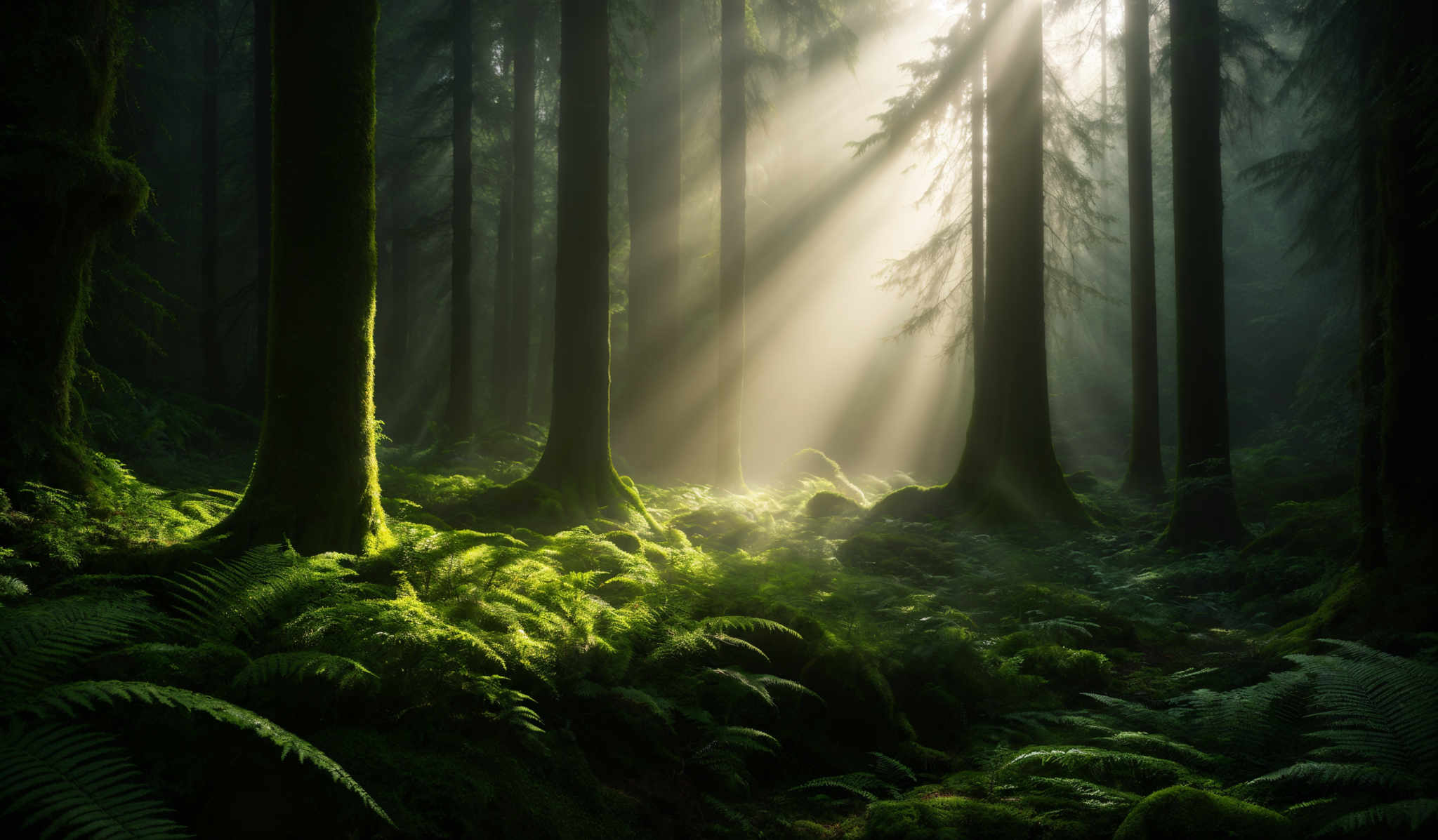 The image showcases a dense forest with tall, slender trees. The trees have a dark green hue, and their trunks are thick and straight. The forest floor is covered with lush green ferns and moss, creating a carpet-like appearance. Sunlight filters through the trees, casting soft, ethereal beams of light that illuminate the forest floor. The overall color palette is dominated by various shades of green, with the contrasting white of the sunlight adding depth and drama to the scene.