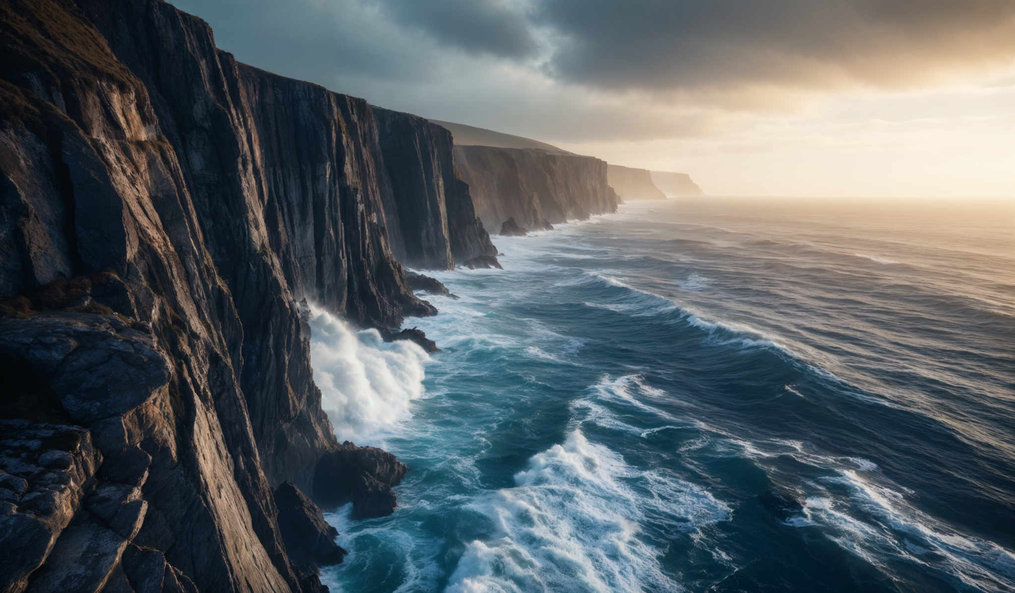 The image showcases a breathtaking coastal landscape. The dominant colors are shades of blue, gray, and gold. The cliffs are tall and rugged, with a steep incline facing the sea. The waves crash against the base of the cliffs, producing white foam. The sky above is a mix of dark clouds and golden sunlight, suggesting either an early morning or late afternoon setting. The horizon is visible, where the sea meets the sky, and the sunlight creates a beautiful contrast between the dark clouds on one side and the illuminated horizon on the other.