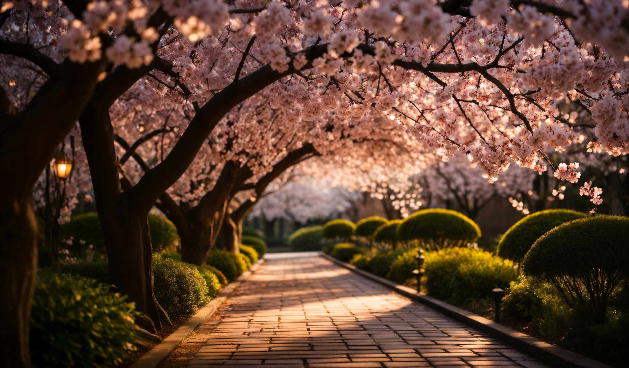 The image showcases a picturesque scene of a pathway lined with cherry blossom trees in full bloom. The trees have a dense canopy of pink blossoms, creating a tunnel-like effect over the pathway. The pathway itself is made of cobblestones, arranged in a neat pattern, and is bordered by well-maintained green shrubs and bushes. The sunlight filters through the blossoming trees, casting a warm, golden hue over the scene. The overall ambiance is serene and evokes feelings of tranquility.