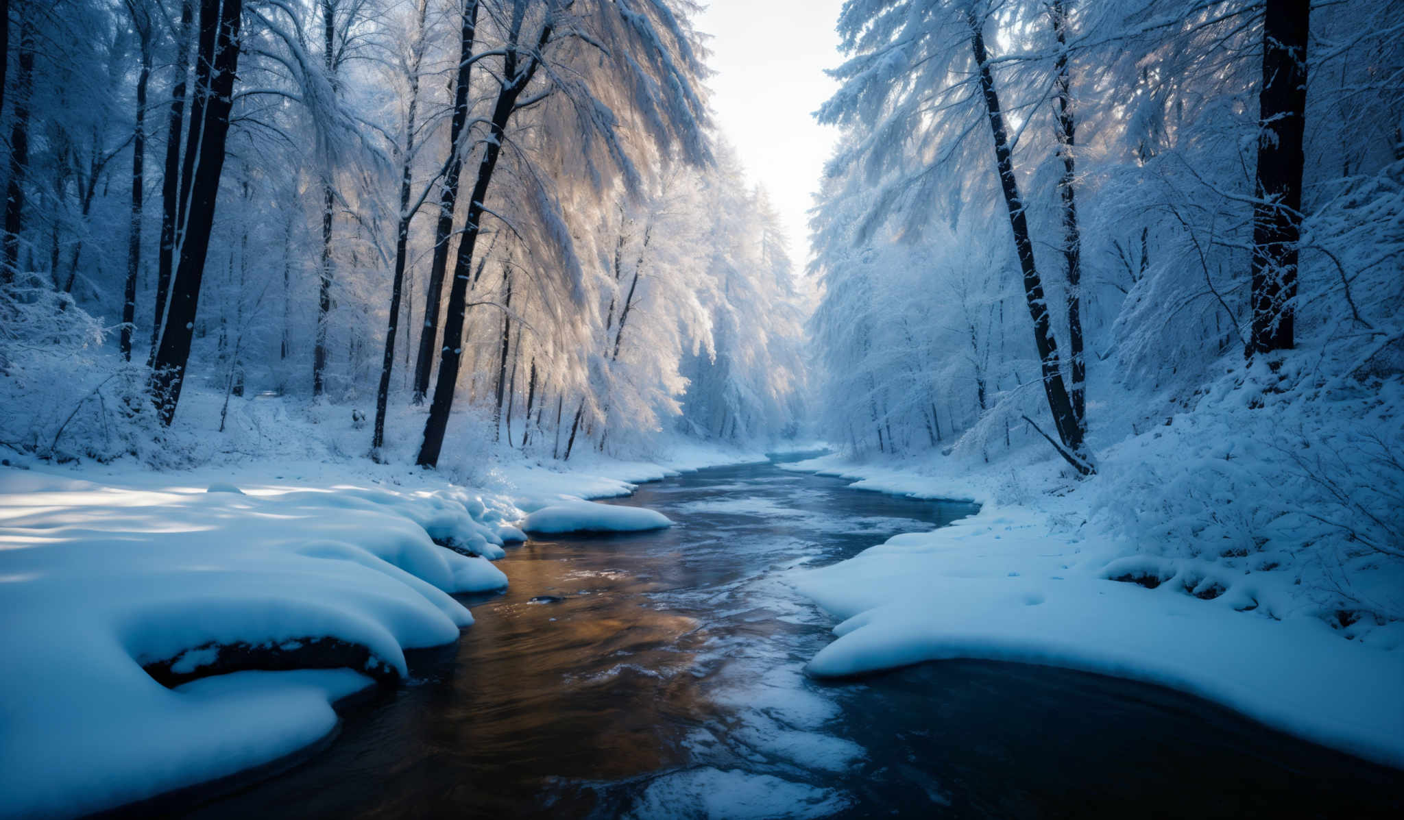 The image showcases a serene winter landscape. Dominating the scene are tall, slender trees covered in a thick layer of snow, their branches weighed down by the accumulated frost. The ground is blanketed in a pristine white snow, with patches of darker snow or possibly wet areas reflecting the sunlight. A flowing river or stream runs through the center, its waters a deep blue, contrasting with the white surroundings. The sunlight filters through the trees, casting a warm, golden hue on some parts of the scene, while other areas remain in shadow, adding depth and contrast to the image, creating a sense of tranquility and awe.