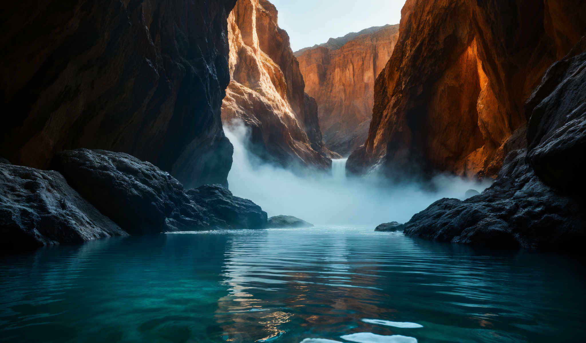 The image showcases a breathtaking natural landscape. The dominant colors are the deep blue of the water, the warm orange and brown hues of the rocky cliffs, and the soft white of the mist or smoke rising from the waterfall. The cliffs are tall and jagged, with a smooth texture in some areas and rougher textures in others. The waterfall, located in the center, is a significant focal point, with water cascading down and producing a mist that envelops the base. The calm water in the foreground reflects the cliffs and the sky, adding depth to the scene.