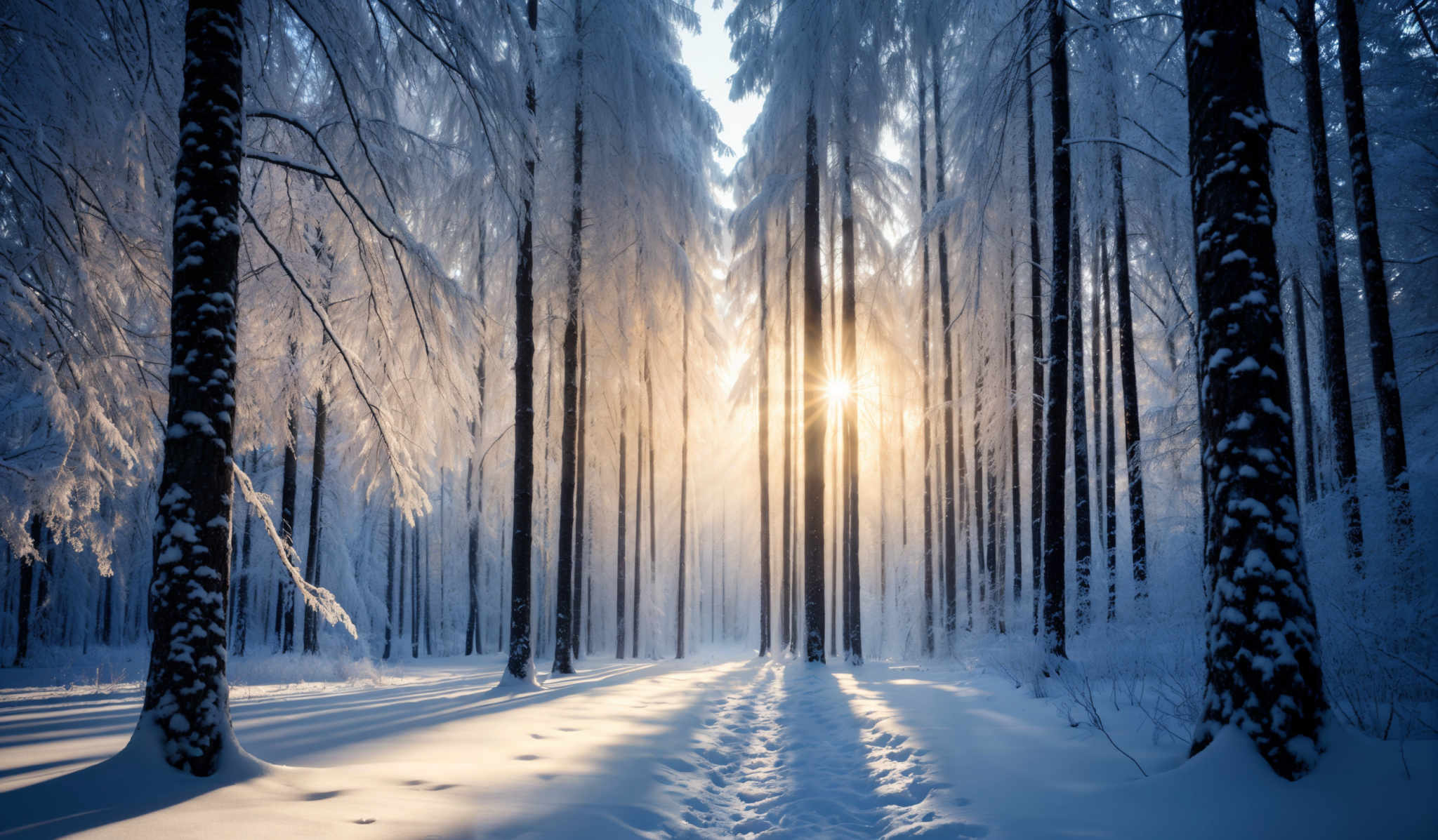 The image showcases a breathtaking winter landscape. The dominant colors are shades of blue, white, and gold. The tall trees, covered in a thick layer of snow, have a slender and straight shape. The sun, peeking through the trees, casts a warm golden glow, creating a contrast with the cold blue and white surroundings. The ground is blanketed in snow, with a clear path leading through the forest. The trees' branches are heavy with snow, making them look like they are weighed down.