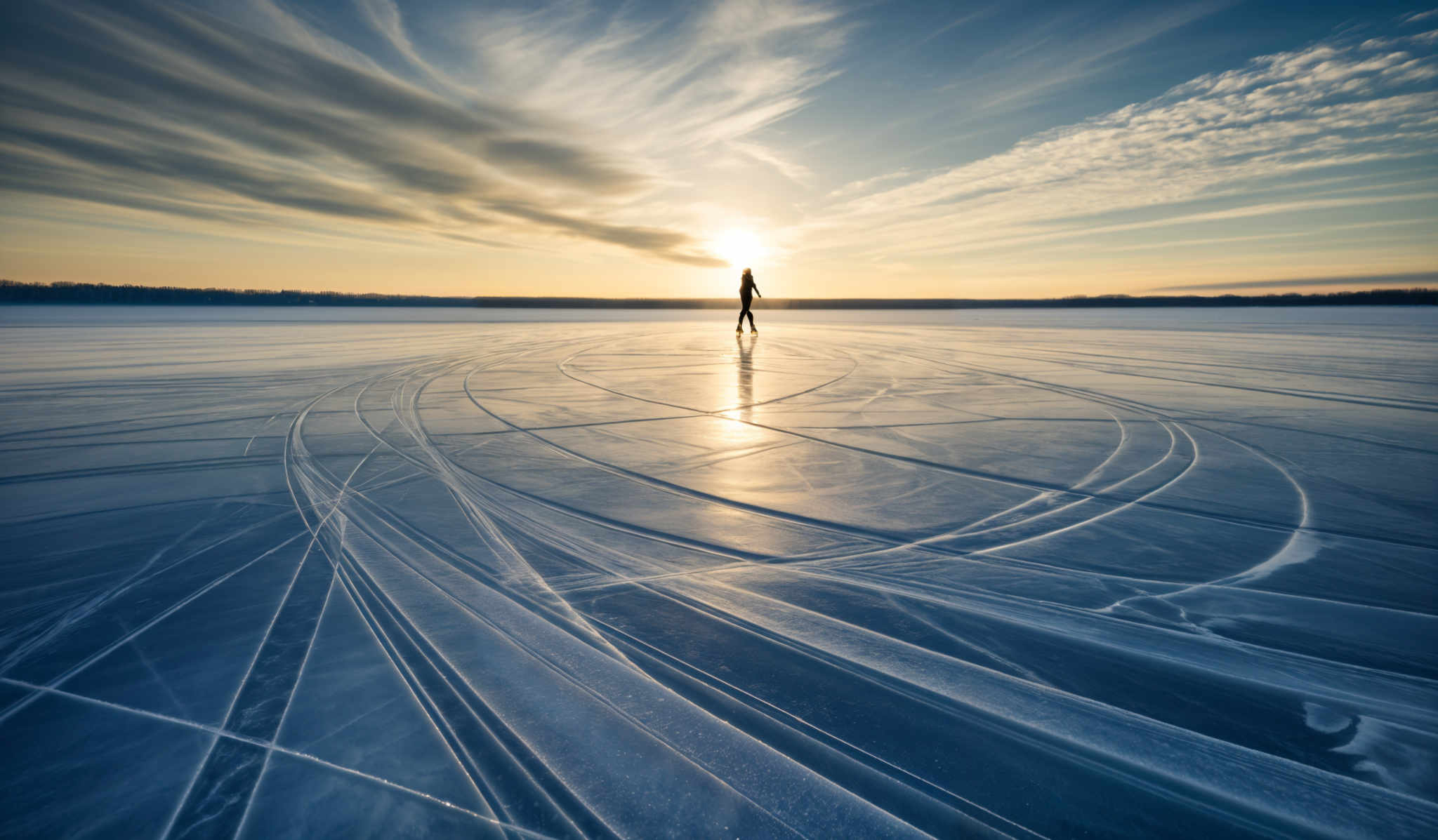 The image showcases a vast expanse of a frozen body of water, with intricate patterns of cracks and lines on its surface. These patterns resemble tire tracks or perhaps the paths made by animals or people on the ice. The ice appears to be clear, allowing the sunlight to reflect beautifully, creating a shimmering effect. The sky above is vast and filled with wispy clouds, painted in hues of blue and gold, suggesting either a sunrise or sunset. A solitary figure stands in the distance, silhouetted against the bright backdrop, adding a sense of scale and solitude to the scene.