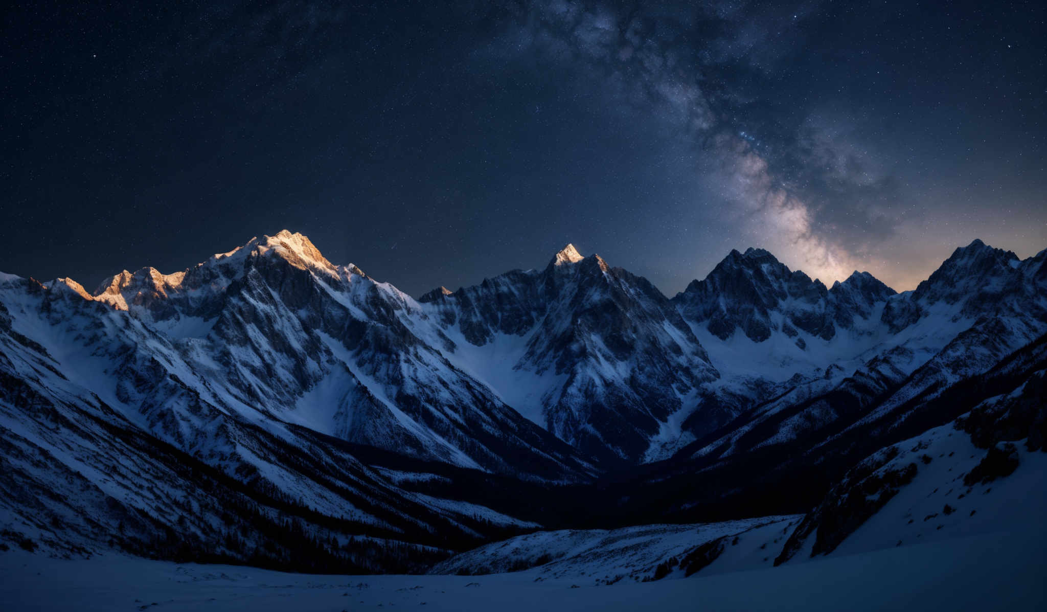 The image showcases a breathtaking night landscape. The dominant colors are deep blues, whites, and hints of golden yellow. The shape is predominantly mountainous, with jagged peaks covered in snow. The Milky Way galaxy stretches across the sky, casting a milky white glow. The mountains are illuminated from the side, possibly by the moon or another light source, giving them a golden hue. The valleys between the mountains are blanketed in snow, and there are a few rocky outcrops visible.