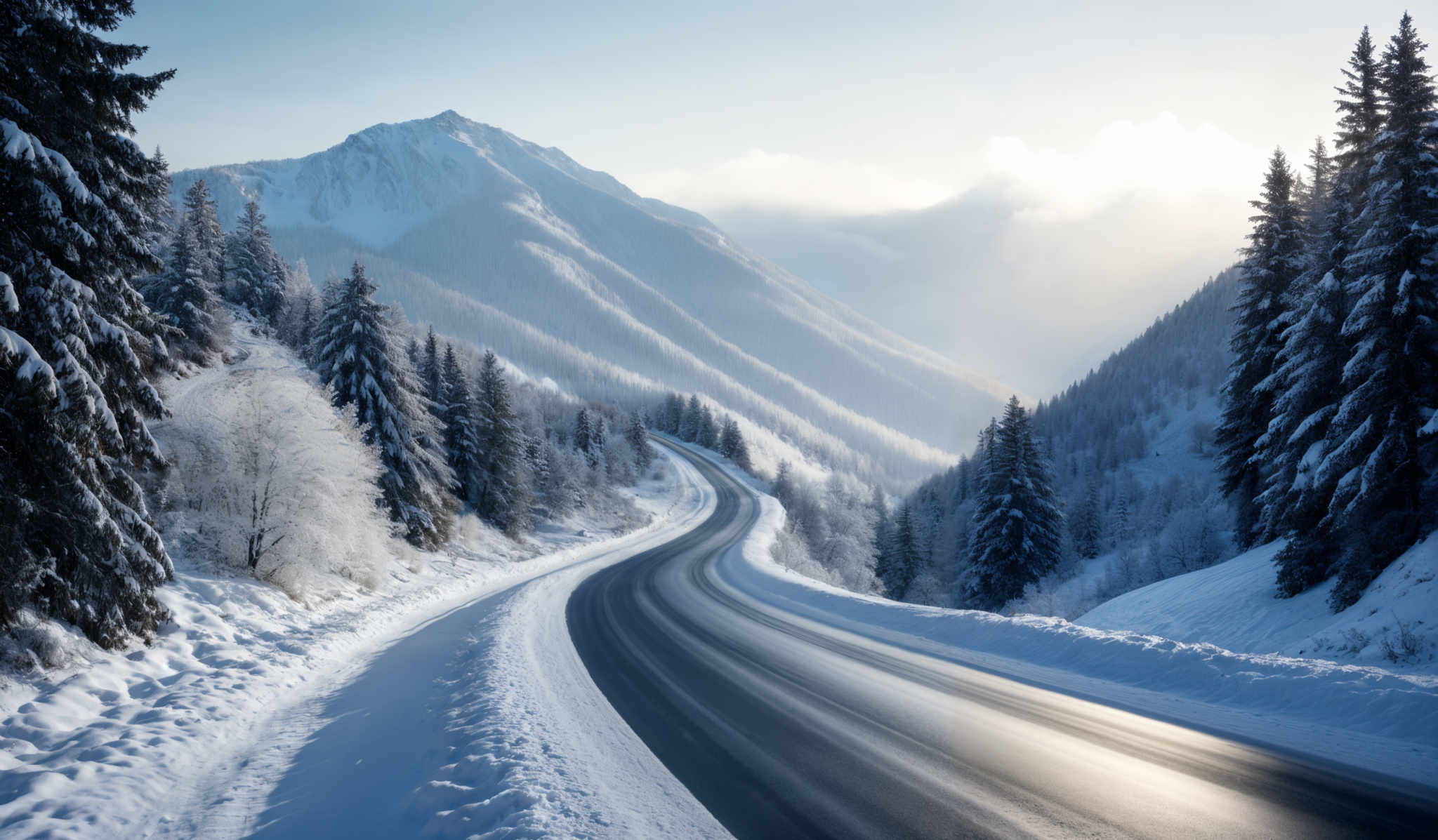 The image showcases a breathtaking winter landscape. Dominating the scene are snow-covered mountains with their peaks glistening under the sunlight. The mountains are surrounded by dense forests of evergreen trees, also blanketed in snow. A winding road cuts through the scene, leading the viewer's eye deeper into the mountains. The sky above is partly cloudy, allowing rays of sunlight to pierce through and illuminate the snowy landscape. The overall color palette is cool, with shades of blue, white, and gray dominating the image, punctuated by the dark silhouette of the trees.