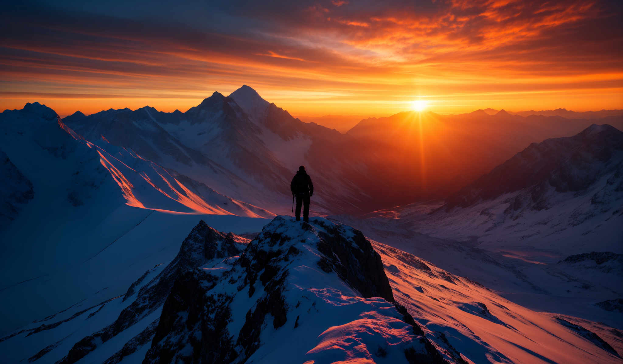 The image showcases a breathtaking mountainous landscape during sunset. The sky is painted with hues of orange, red, and blue, with the sun casting a golden glow over the snow-covered peaks. The mountains have sharp, jagged edges, and their slopes are blanketed in snow. The sun is positioned near the horizon, casting long shadows across the landscape. In the foreground, a silhouette of a person stands atop a rocky outcrop, overlooking the vast expanse of the mountains.