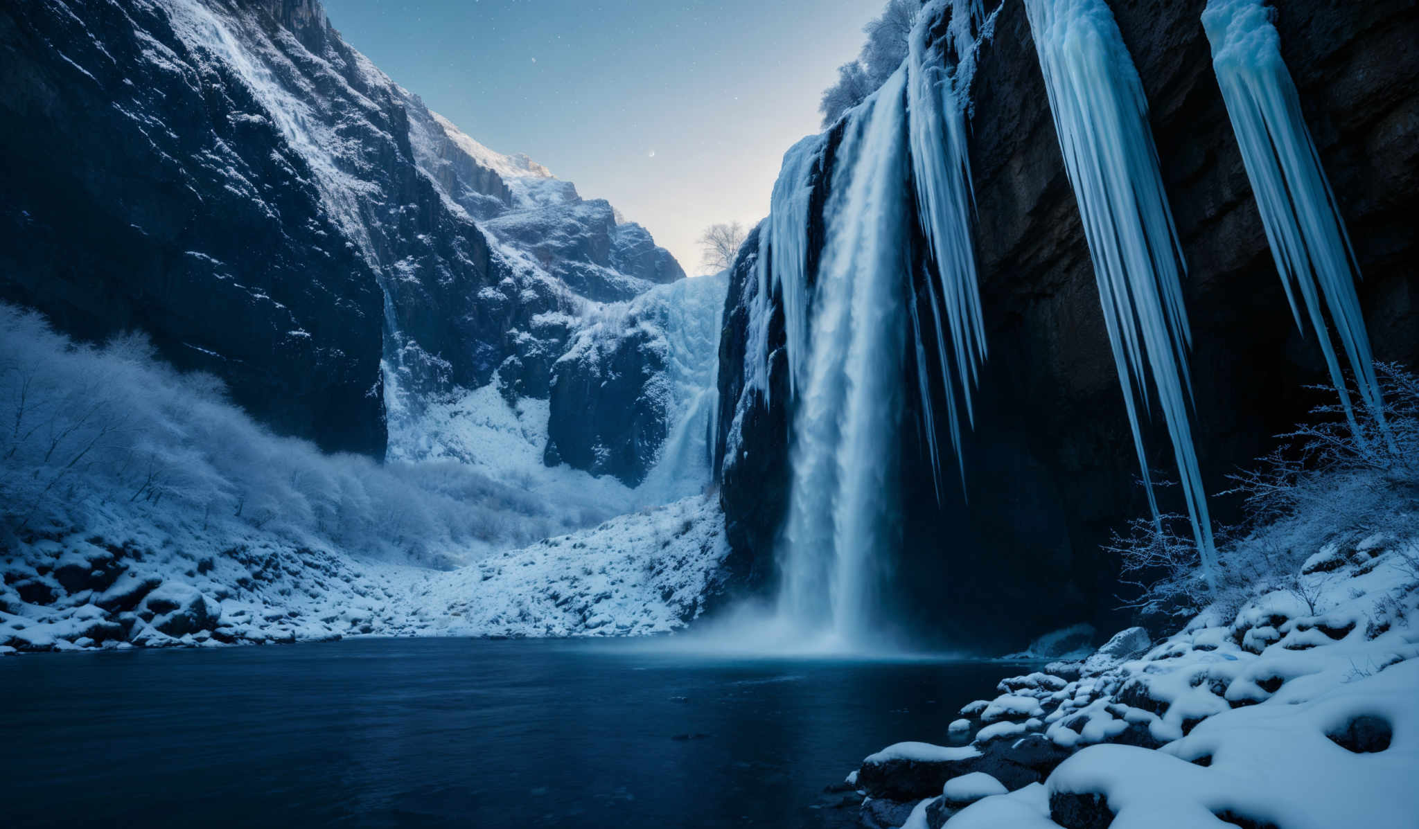 The image showcases a breathtaking winter landscape. Dominating the scene is a tall, cascading waterfall that flows down a steep cliff, surrounded by snow-covered rocks and trees. The waterfall is surrounded by icicles, indicating cold temperatures. The sky above is clear with a hint of blue, suggesting it might be a crisp winter day. The foreground features a serene body of water with snow-dusted rocks scattered around. The overall color palette is a mix of whites, blues, and dark browns, creating a serenely cold and tranquil ambiance.