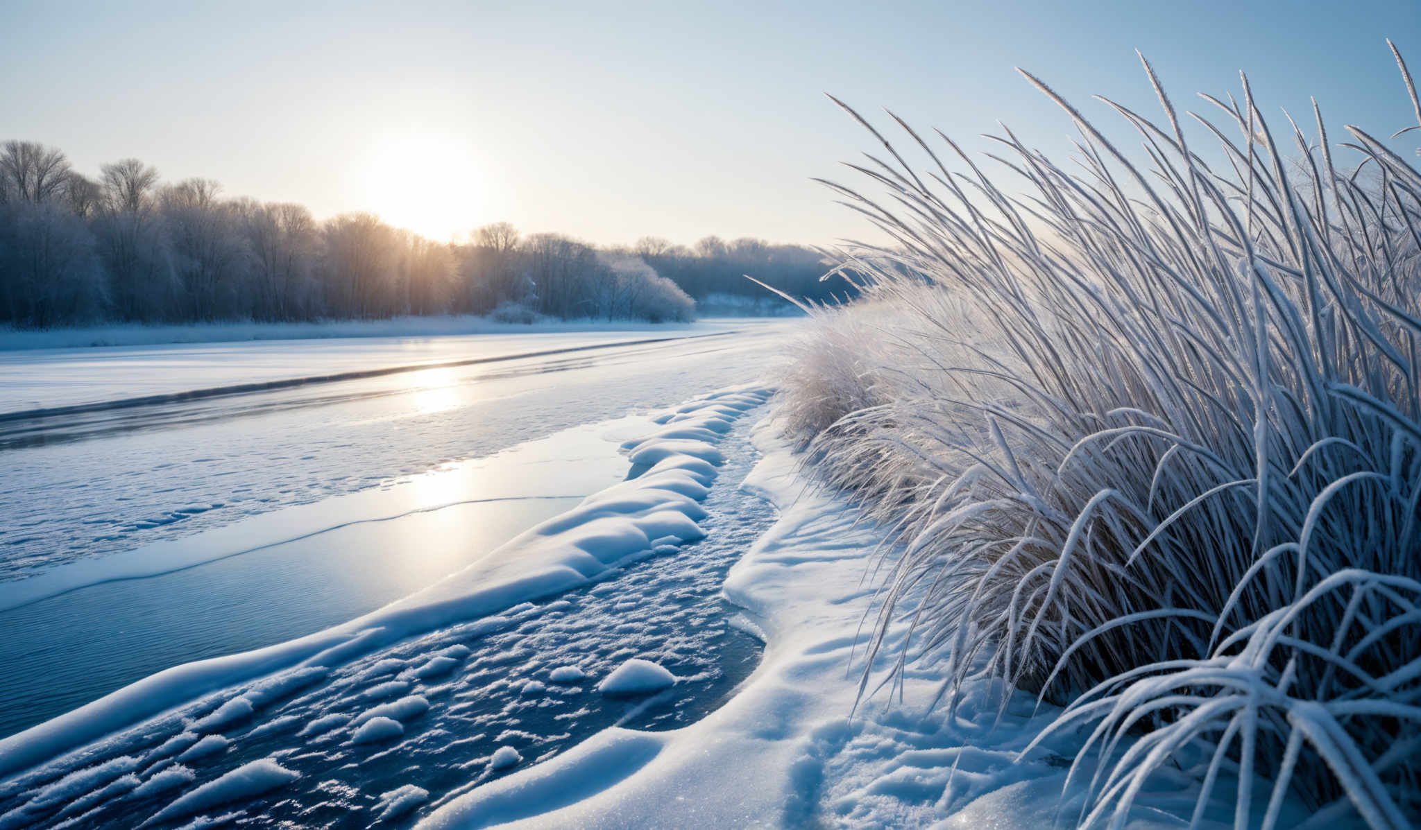 The image showcases a serene winter landscape. The dominant colors are shades of blue, white, and gold. The sky is a clear blue with the sun shining brightly, casting a golden hue over the scene. The water reflects the sun's light, creating a shimmering effect. On the right side, tall grasses are covered in a layer of frost, turning them into delicate white structures. The grasses stand tall and slender, contrasting with the dense, snow-covered trees in the background. The trees, covered in snow, form a thick forest that stretches to the horizon.