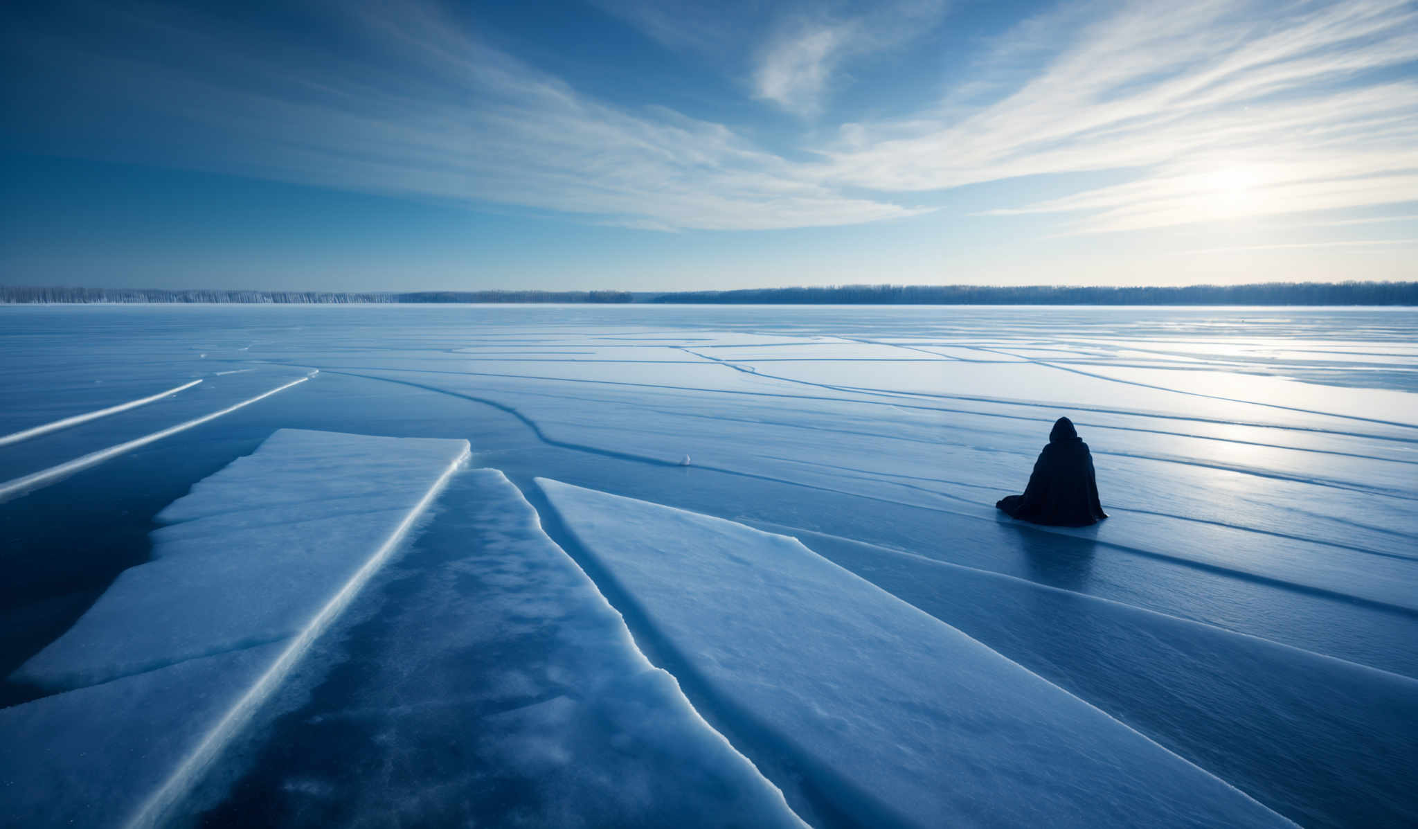 The image showcases a vast expanse of frozen water with intricate patterns formed by the ice. The ice has a translucent quality, allowing the blue of the water to show through in certain areas. The sky above is a gradient of blue, transitioning from a deeper hue near the horizon to a lighter shade as it ascends. Wispy clouds are scattered across the sky, and the sun is visible, casting a soft glow. On the frozen surface, there's a solitary figure, possibly a person, draped in dark clothing, sitting in a meditative or contemplative pose.