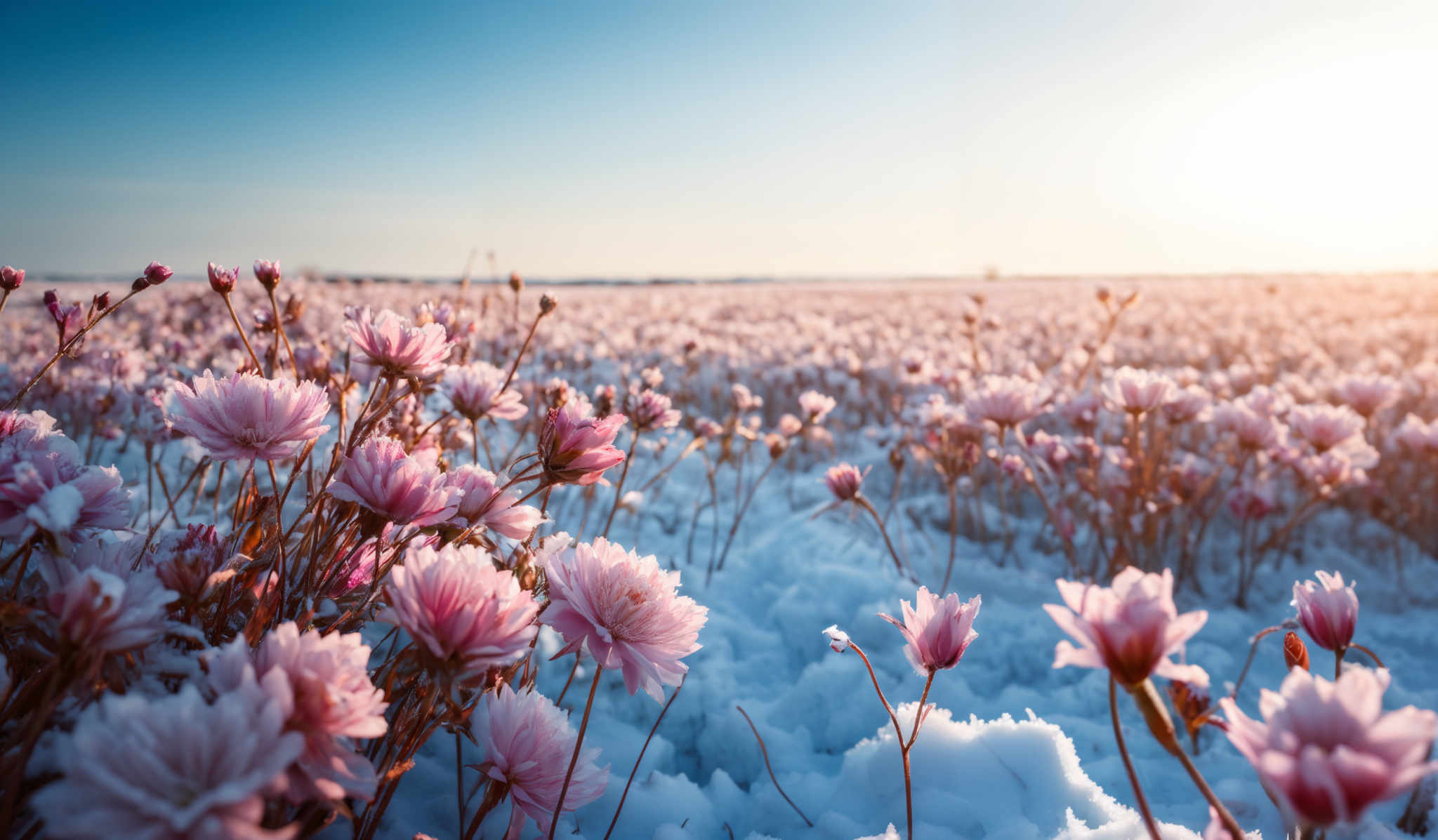 The image showcases a vast field covered with snow, with clusters of pink flowers emerging from the snow. The sky is clear with a gradient of blue, transitioning from a deeper shade at the top to a lighter hue near the horizon. The sun is visible, casting a warm golden light over the scene, creating a contrast between the cold snow and the warm sunlight.