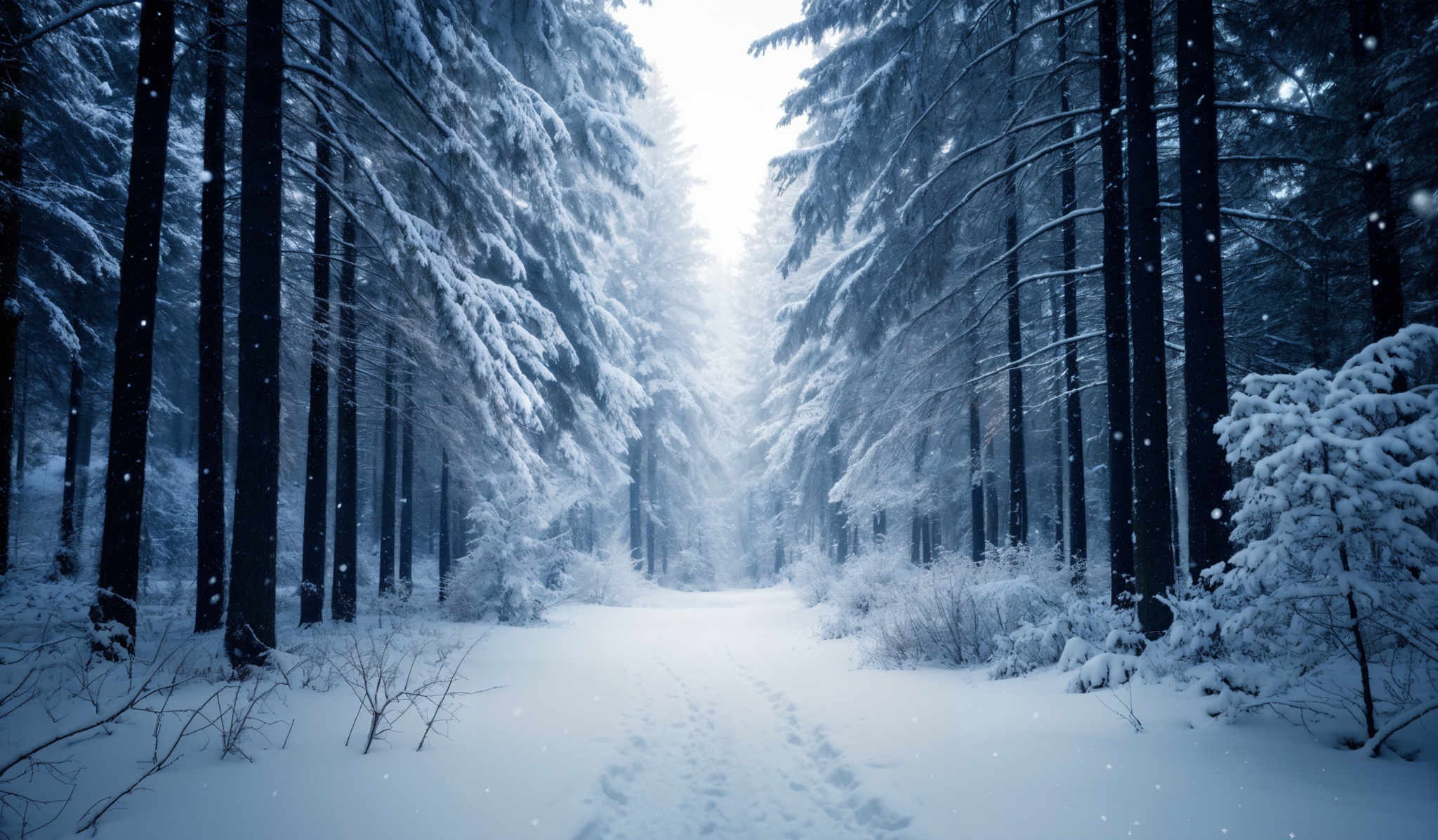 The image showcases a serene winter landscape. Dominating the scene are tall, slender trees covered in thick layers of snow. The trees' branches are laden with snow, creating a picturesque scene of nature's beauty. The ground is blanketed in a thick layer of snow, with footprints visible, suggesting recent movement. The sky is overcast, adding to the cold ambiance. Snowflakes are gently falling, further enhancing the winter wonderland feel of the image, and the overall color palette is a mix of whites, blues, and grays, evoking a sense of calm and tranquility.