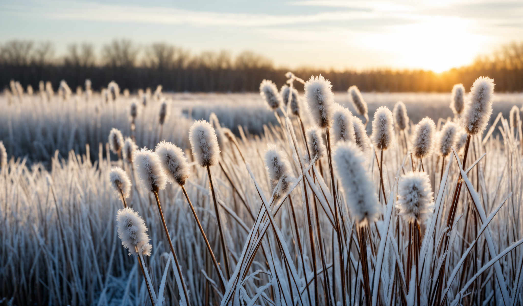 The image showcases a serene winter landscape during sunset. The foreground is dominated by tall, frosted plants with fluffy, white heads that are covered in a light layer of frost. These plants have slender brown stems. The background reveals a vast expanse of similar frosted vegetation, leading to a line of bare trees that stretch across the horizon. Above, the sky is painted with hues of orange and gold, indicating the setting sun, which casts a warm glow over the cold landscape.