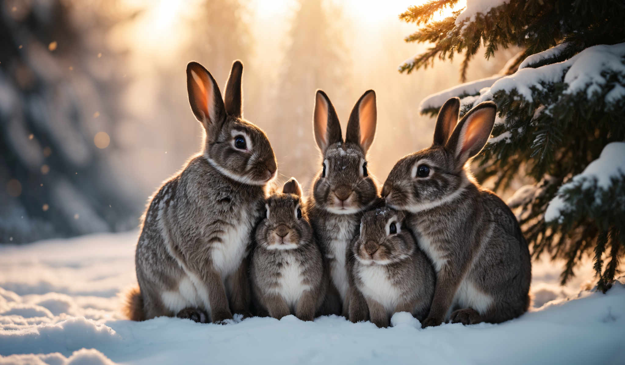 The image showcases a group of rabbits in a snowy landscape. The rabbits have a brownish-gray coat with distinctive large ears. They are grouped closely together, with some appearing to be larger than others, possibly indicating different ages or sizes. The background is filled with snow-covered trees, and the sunlight filtering through the trees creates a warm, golden hue, casting a soft glow on the scene.