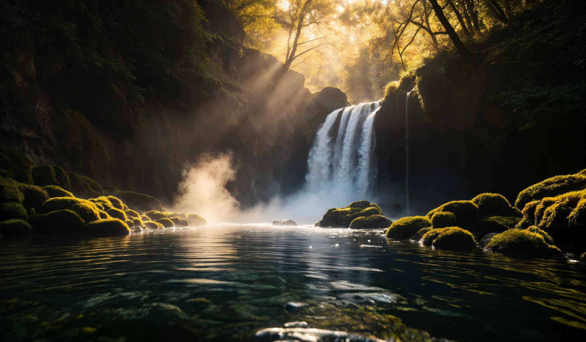 The image showcases a breathtaking natural scene. Dominating the scene is a cascading waterfall that flows from a height, creating a misty ambiance. Sunlight pierces through the dense canopy above, casting a golden hue on the waterfall and the surrounding area. The waterfall is surrounded by moss-covered rocks, which are green and appear to be partially submerged in the water. The pool below the waterfalls reflects the surrounding scenery, adding depth to the image, and there's a mist rising from the base of the water, further enhancing the ethereal quality of the scene.