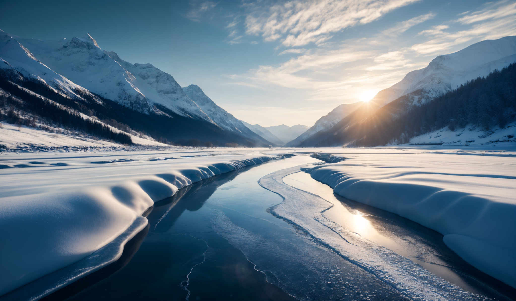 The image showcases a breathtaking winter landscape. Dominating the scene are snow-covered mountains with jagged peaks. The sun is shining brightly from the right side, casting a warm glow over the scene. In the foreground, there's a partially frozen body of water with clear blue water reflecting the sky and the mountains. The snow on the ground is pristine white, with some areas showing intricate patterns formed by the wind. The trees on the right are covered in snow, and the sky is a mix of blue and white, indicating a clear day.