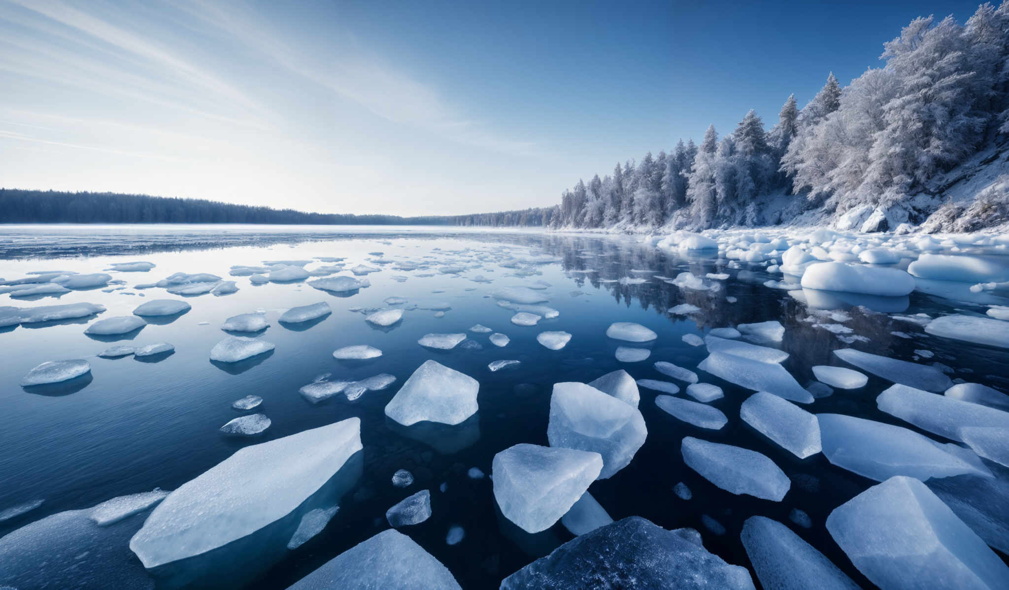 The image showcases a breathtaking winter landscape. The dominant colors are shades of blue, white, and gray. The ice formations on the water are translucent, with varying shapes ranging from small shards to larger, more irregular pieces. The water reflects the sky and the surrounding trees, creating a mirror-like effect. On the right side, there's a dense forest covered in snow, with tall pine trees standing tall. The sky above is clear with a hint of clouds, suggesting a cold, crisp day.