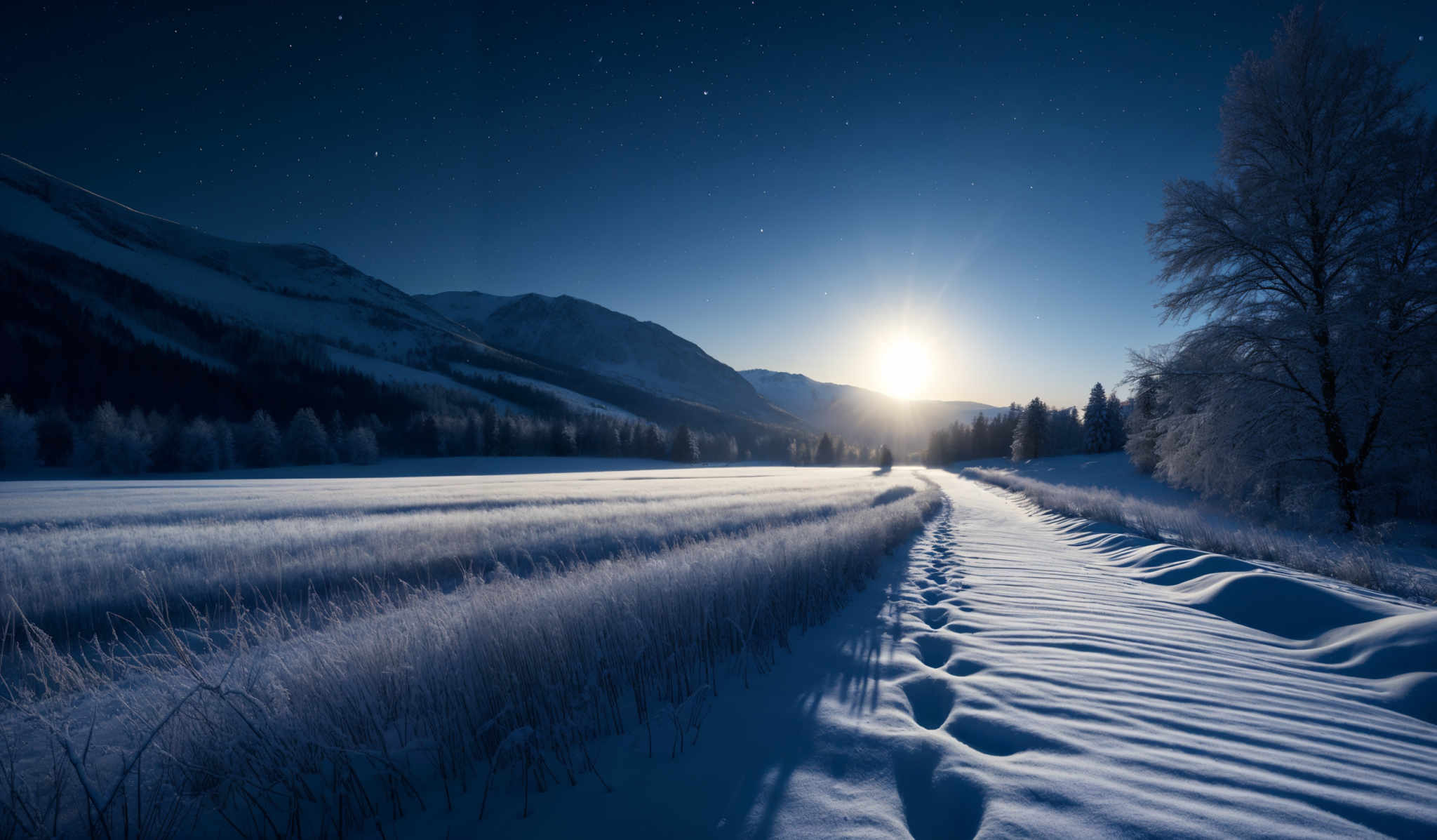 The image showcases a breathtaking winter landscape. The dominant colors are shades of blue, white, and black. The sky is a deep blue, dotted with numerous stars, and the moon is brightly shining, casting a soft glow on the snowy landscape. In the foreground, there's a snow-covered pathway with footprints leading into the distance. On the left, tall, frost-cover trees stand tall, their branches covered in a layer of frost. The middle ground features a vast snowy field, and in the background, majestic snow-capped mountains rise against the night sky.