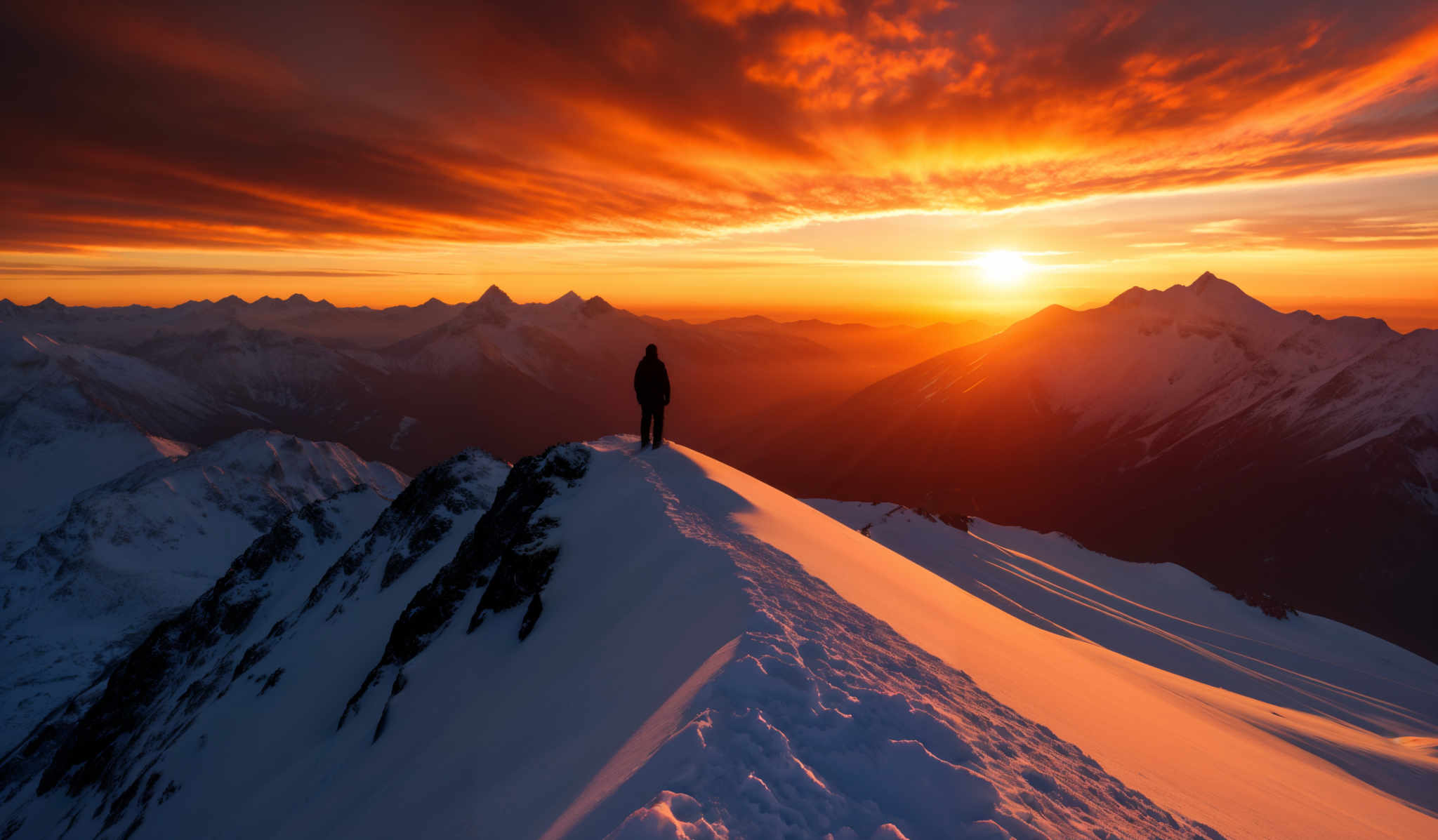 The image showcases a breathtaking view of a mountainous landscape during sunset. The sky is painted with hues of orange, red, and gold, with dramatic cloud formations illuminated by the setting sun. The sun itself is a bright, golden orb, casting a warm glow over the scene. The mountains are covered in snow, with sharp peaks and deep valleys. A prominent ridge runs through the center of the image, leading the viewer's eye towards the horizon. On this ridge stands a solitary figure, silhouetted against the bright backdrop, appearing to be in a moment of contemplation or awe.