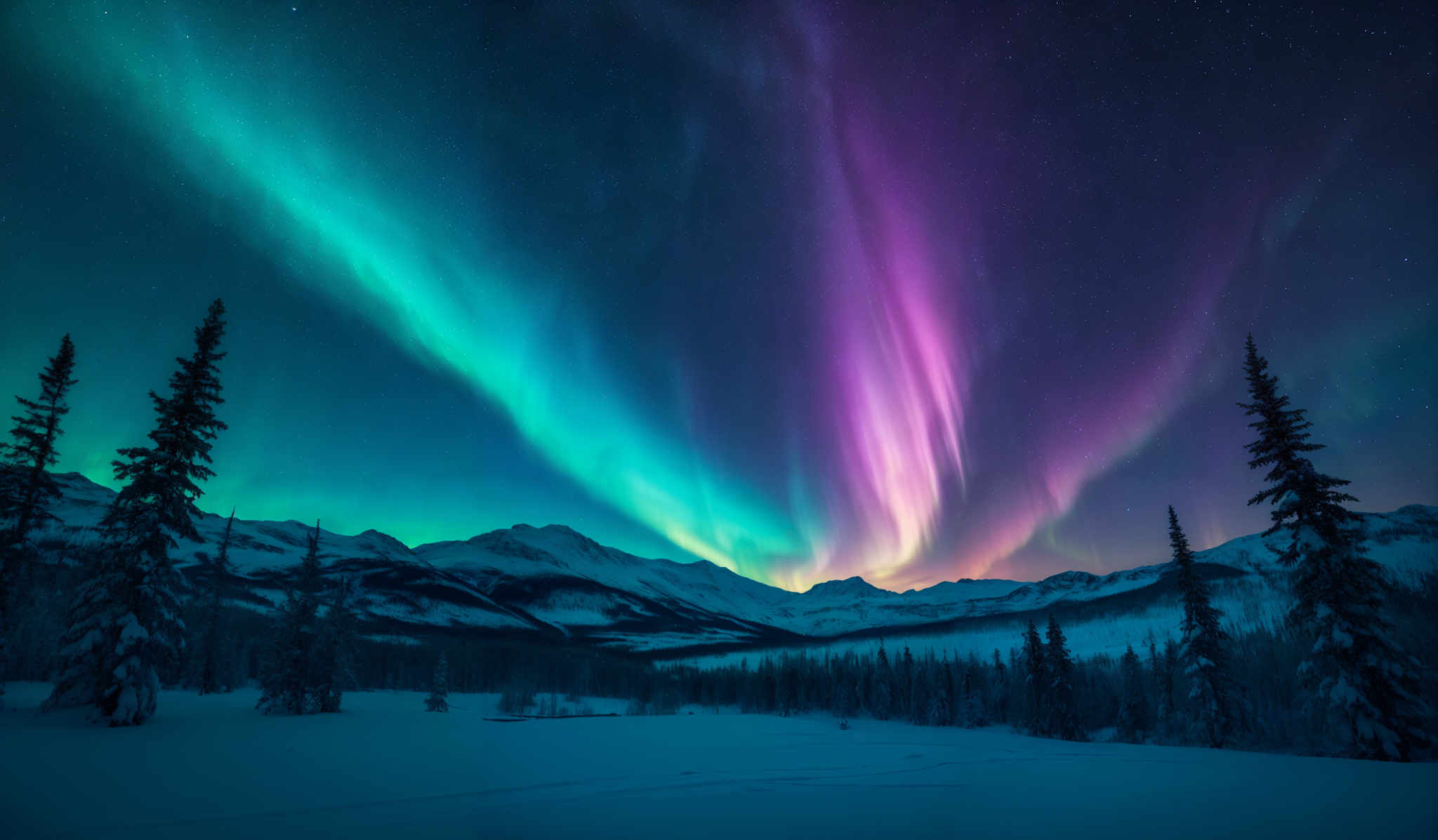 The image showcases the mesmerizing Aurora Borealis, also known as the Northern Lights. These natural light displays are characterized by vibrant colors ranging from deep blues and purples to bright greens and pinks. The shape of the Aurora in this image is somewhat wavy and streaked, cascading down from the top left corner and curving towards the right. The backdrop is a serene snowy landscape with tall, snow-covered pine trees. In the distance, majestic snow-capped mountains rise, adding to the ethereal beauty of the scene. The sky is dotted with stars, further enhancing the celestial ambiance.