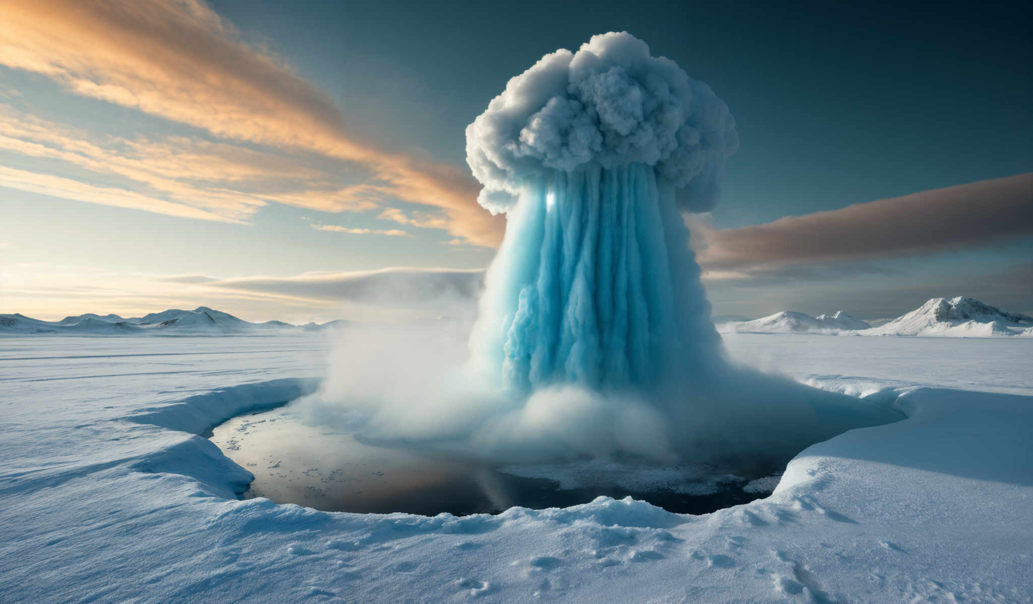 The image showcases a vast snowy landscape with mountains in the distance. Dominating the scene is a large, majestic water fountain erupting from the ground, with water cascading down in a powerful stream. The water appears to be frozen at the top, forming a cloud-like structure. The sky above is painted with hues of orange and blue, suggesting either a sunrise or sunset. The overall ambiance of the image is serene yet awe-inspiring.