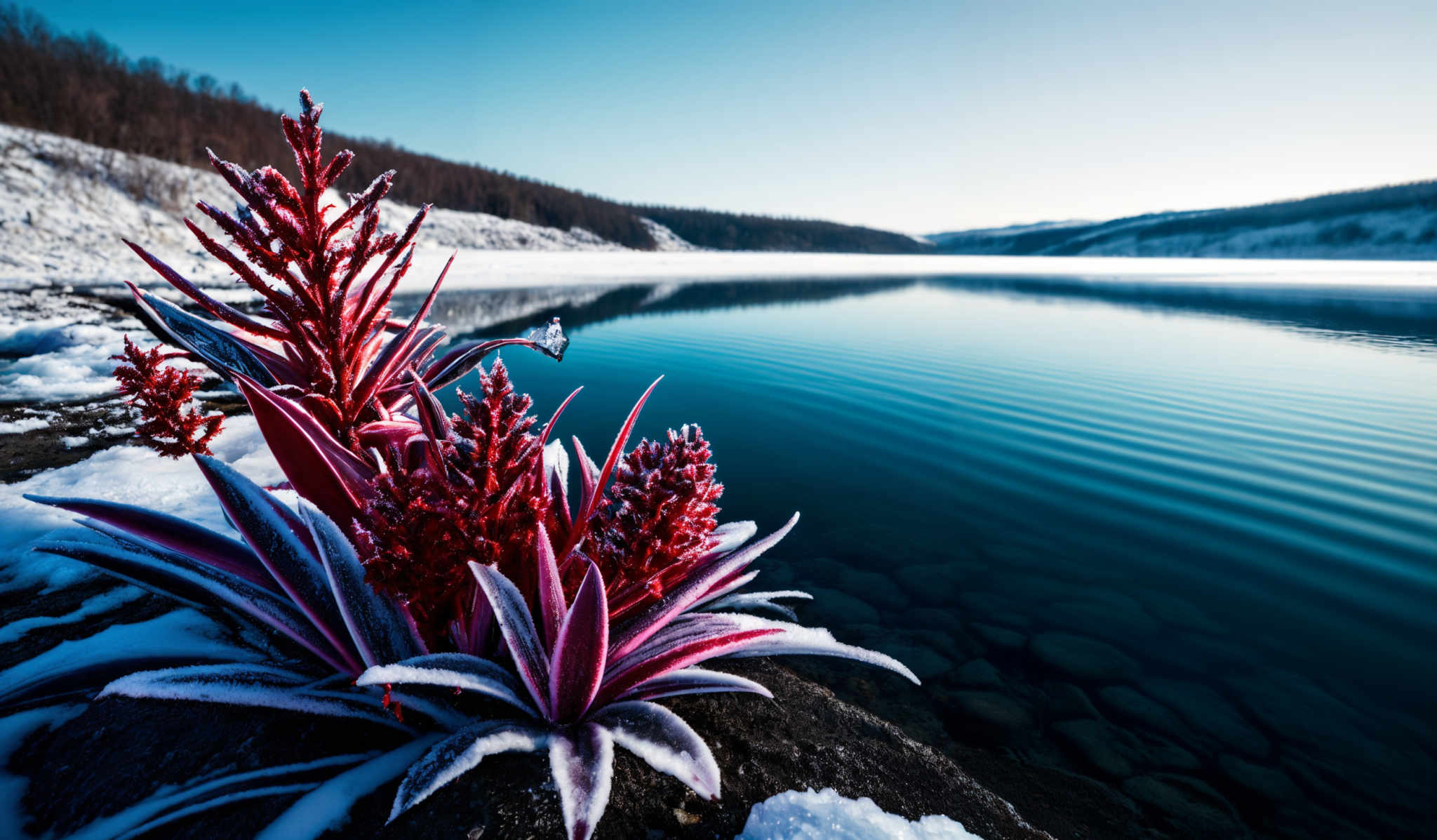 The image showcases a serene landscape with a body of water reflecting the sky. On the left side, there's a cluster of plants with long, slender leaves and vibrant red flowers. These plants are covered in a light layer of snow, highlighting their unique color contrast against the white snow. The background features a snow-covered hillside and a clear blue sky.