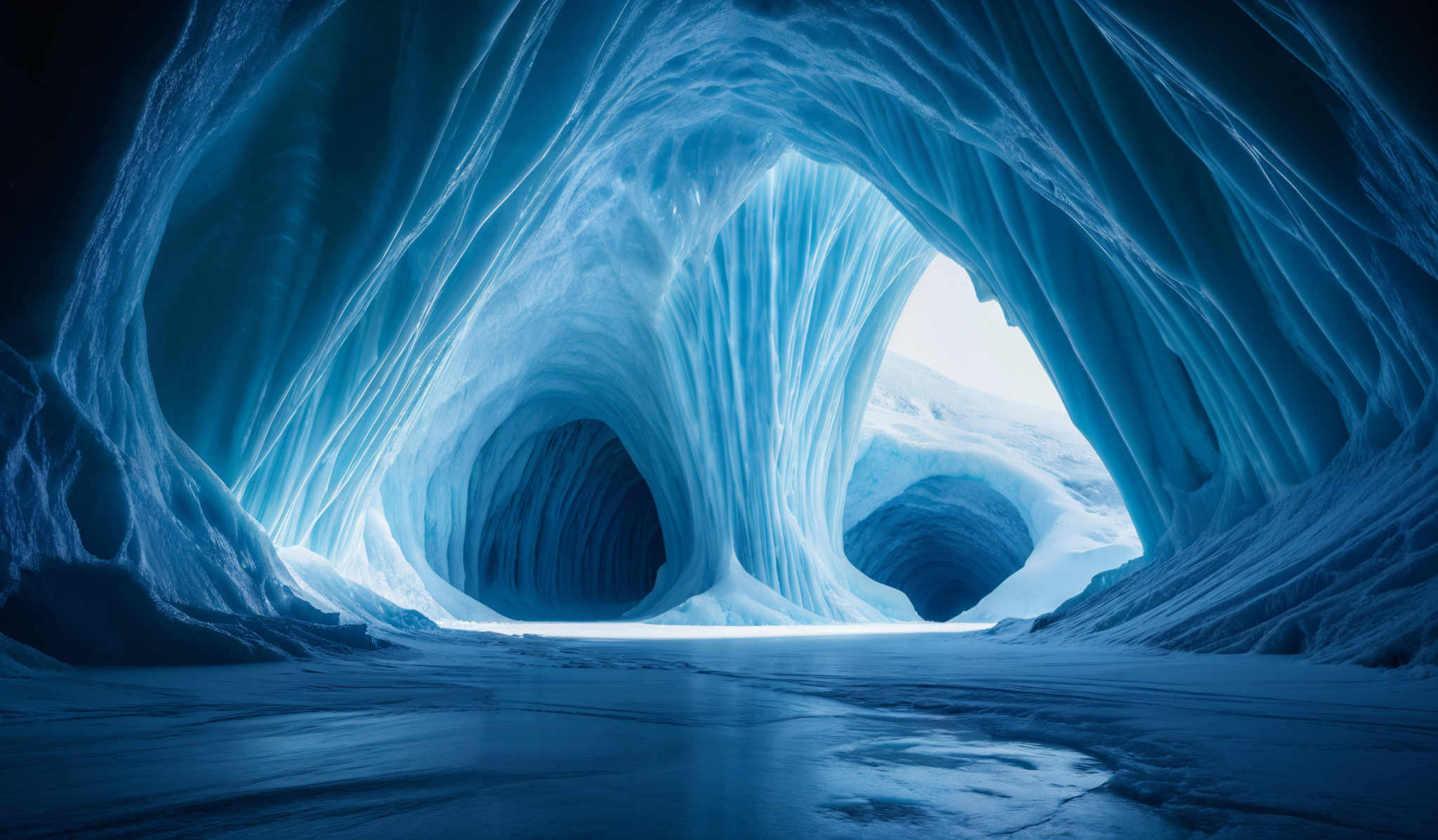 The image showcases a breathtaking view of an ice cave. The dominant color is a deep shade of blue, which gives the cave a serene and mystical ambiance. The ice formations are intricate, with wavy patterns and flowing curves that resemble cascading waterfalls. The cave's ceiling and walls are adorned with these beautiful ice sculptures, creating an arch-like structure in the center. The floor appears to be made of smooth ice, reflecting the light from above, and there are some pockets of snow or frost that add texture to the scene.