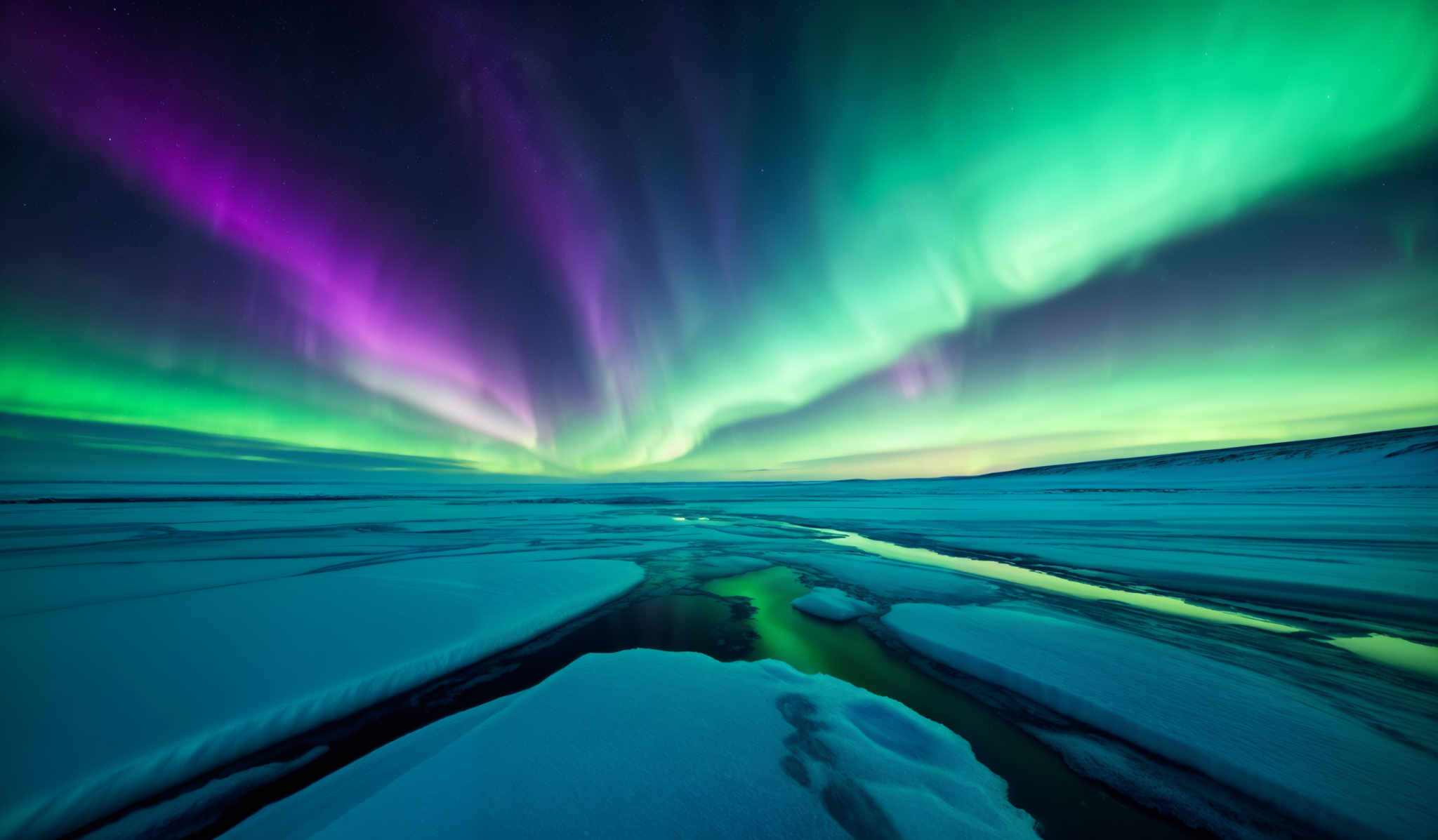 The image showcases the mesmerizing Northern Lights, also known as the Aurora Borealis. These lights display a vibrant array of colors, including deep purples, bright greens, and hints of yellow. The shape of the lights is predominantly curved and wavy, creating an ethereal and almost otherworldly effect. The landscape below is a frozen expanse, with patches of ice and water reflecting the colors of the sky. The horizon is faintly visible, and the overall ambiance is serene and awe-inspiring.