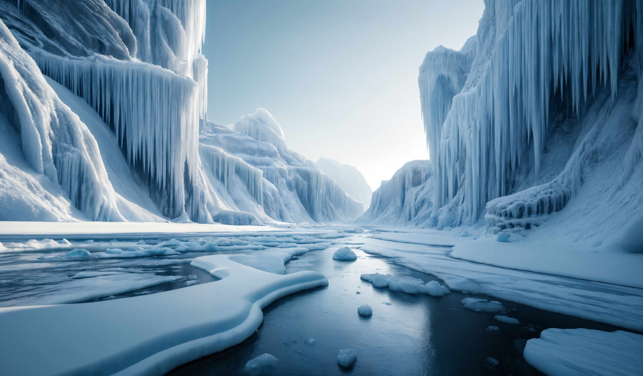 The image showcases a breathtaking icy landscape. The dominant colors are various shades of blue, ranging from deep navy to light icy blue. The scene features tall, vertical ice formations that resemble frozen waterfalls, cascading down the sides of what appears to be a canyon or a deep ravine. These ice structures have a crystalline texture, with some parts appearing translucent. The ground is covered in ice and snow, with patches of dark water reflecting the surrounding ice. There are also small ice chunks floating on the water's surface. The overall ambiance of the image is serene, cold, and otherworldly.